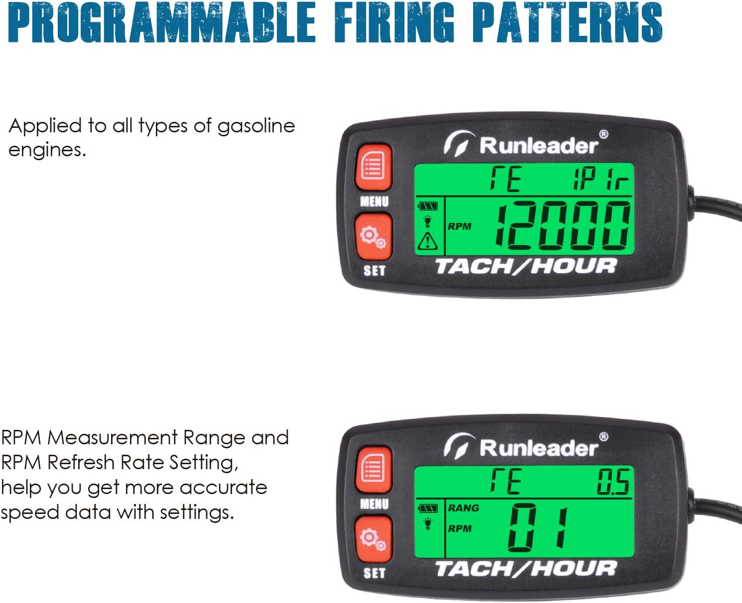 Runleader Hour Meter Tachometer,Maintenance Reminder,Alert RPM,Backlit Display,Initial Hours Setting,Battery Replaceable,Use for ZTR Mower Generator Marine ATV and Gas Powered Device. (Button-Red)