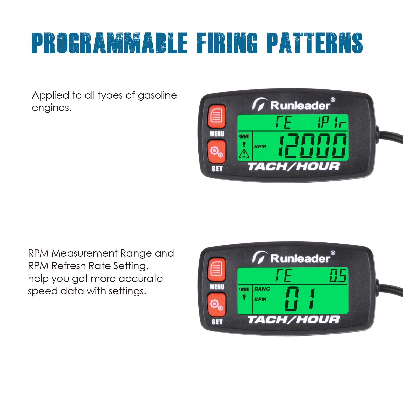 Runleader-Betriebsstundenzähler-Drehzahlmesser, Wartungserinnerung, Alarmdrehzahl, voreingestellte Anfangsstunden für ZTR-Mähergenerator-Marine-ATV und gasbetriebenes Gerät.(Button-RD)