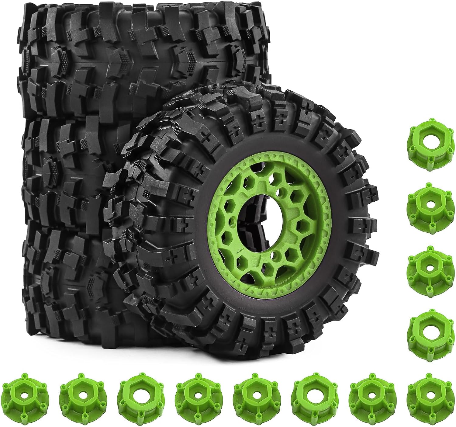 RC 12/14/17mm Hex Wheels and Tires for 1/10 Traxxas Slash, Arrma Senton, Axial, Redcat – Interchangeable Hubs, Off-Road Rubber Tires (Green)