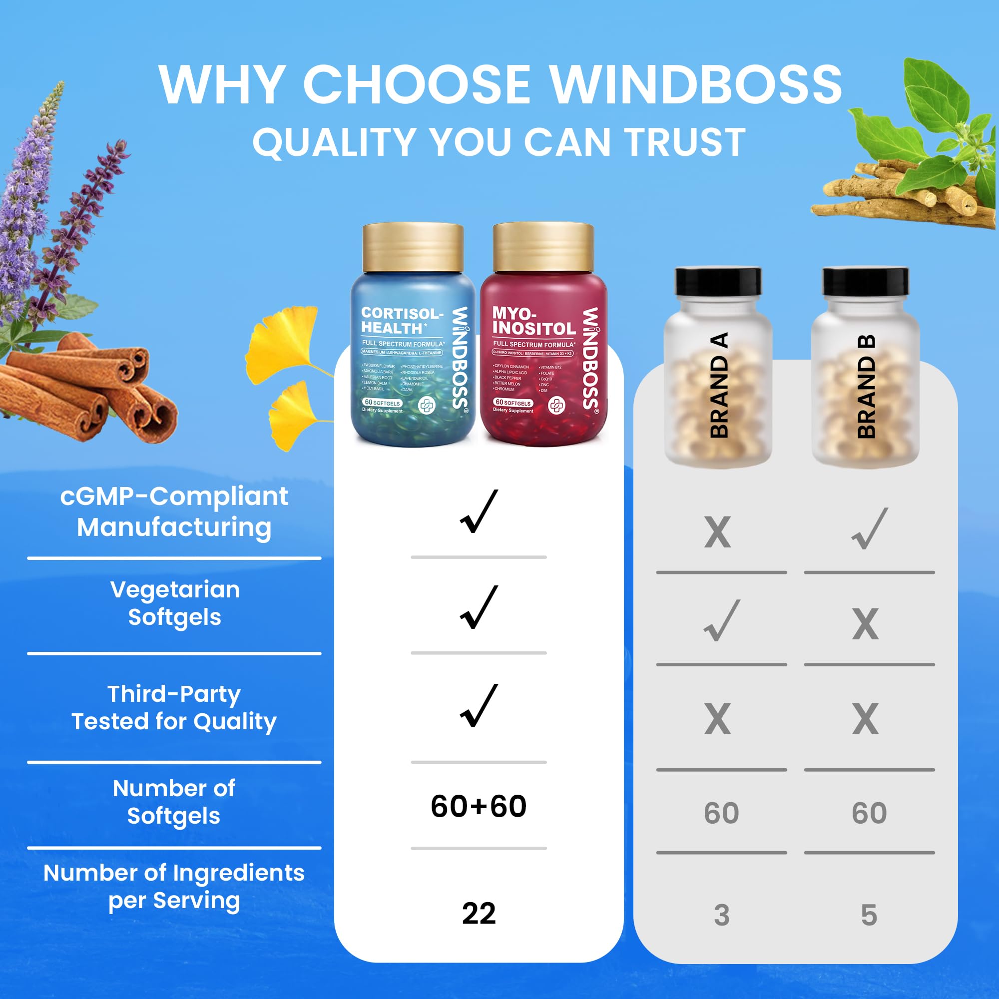 Windboss Myo - Suplementos de inositol y cortisol para mujeres, equilibrio hormonal, apoyo al estrés y bienestar emocional, D-Chiro inositol, Ashwagandha, berberina, vitamina D3+K2, 120 cápsulas 5