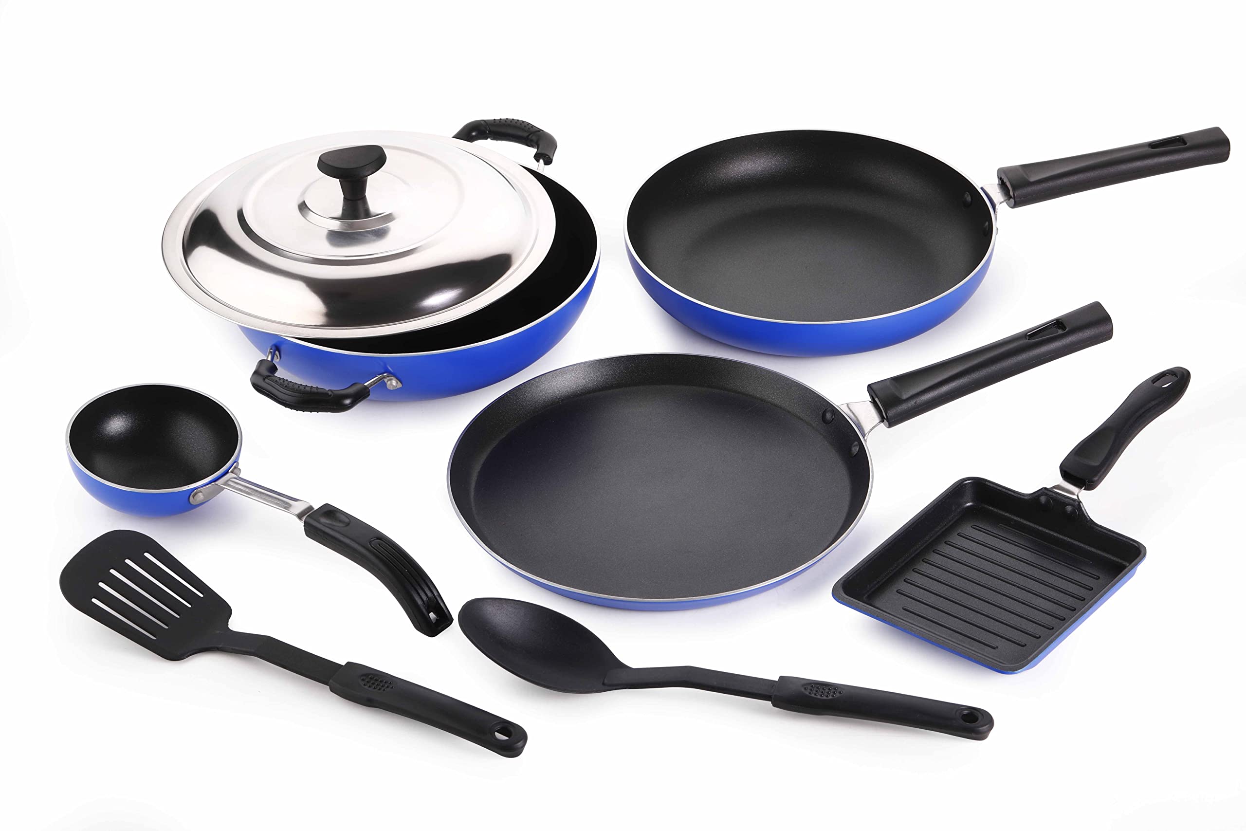 Crystal Eco Plus 8-pc Non-Stick Cookware Set, PFOA Free, Tawa, Kadhai with SS Lid, Fry Pan, Vagariya, Mini Grill Pan, 2 Spatulas, Blue (B0BD1JLNKM) Amazon Price History, Amazon Price Tracker