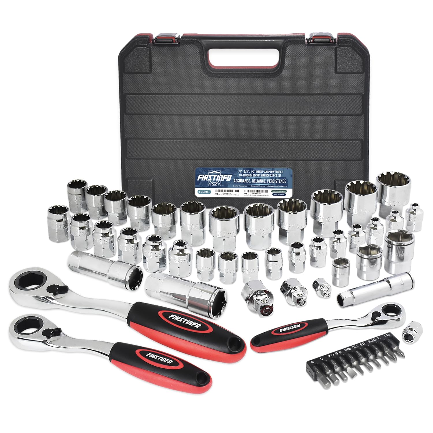FIRSTINFO F32283 | Set Chiavi a Cricchetto Passanti Profilo Basso 52 Pezzi | SAE/Metriche | 1/4", 3/8", 1/2"