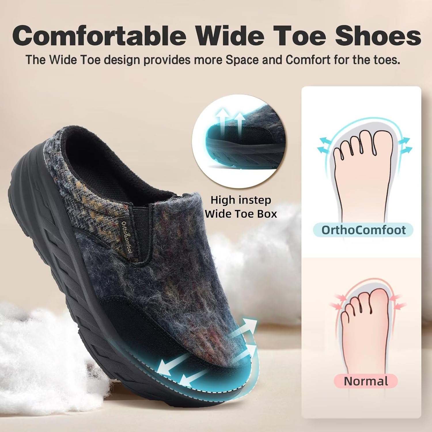 Women's Orthopedic Diabetic Wide Slippers: Comfortable Arch Support Plantar Fasciitis House Slip On Loafers, Casual Flat Feet Winter Warm Walking Shoes for Foot and Heel Pain Relief - Image 3