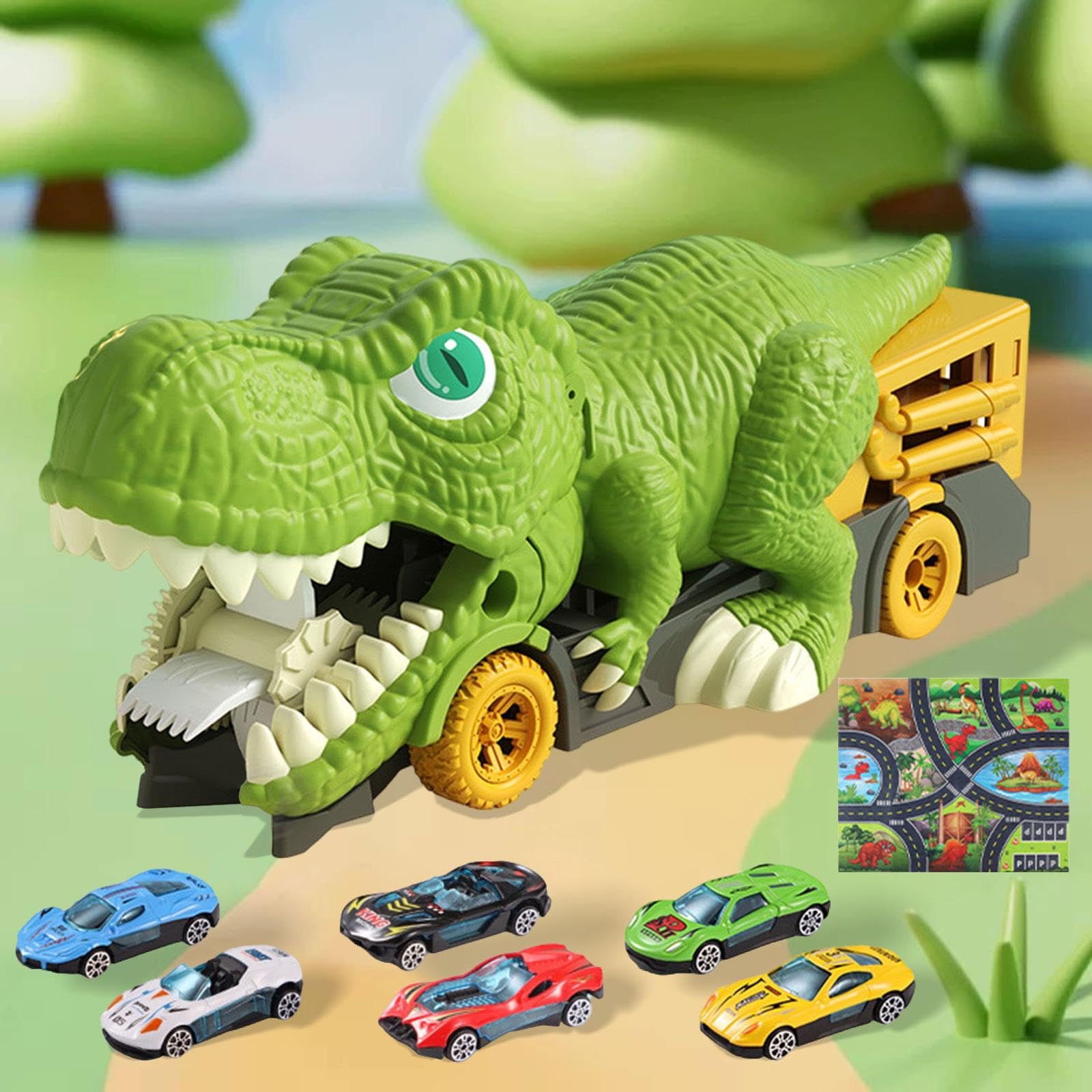 Set di Gioco con Camion Dei Dinosauri E in Miniatura per Feste di Compleanno per Bambini, 6 piccole auto e mappa, Taglia unica