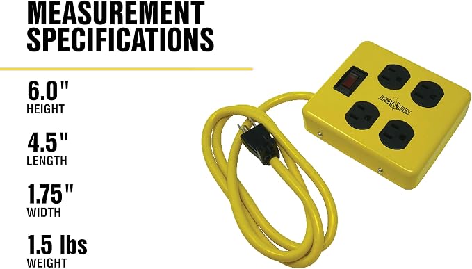 Southwire Yellow Jacket Bloc de energía metálico - Diseño pesado - Divisor con 4 enchufes con toma a tierra - Interruptor iluminado - Cable amarillo de 1.22 m - Uso duradero para taller miniatura 9