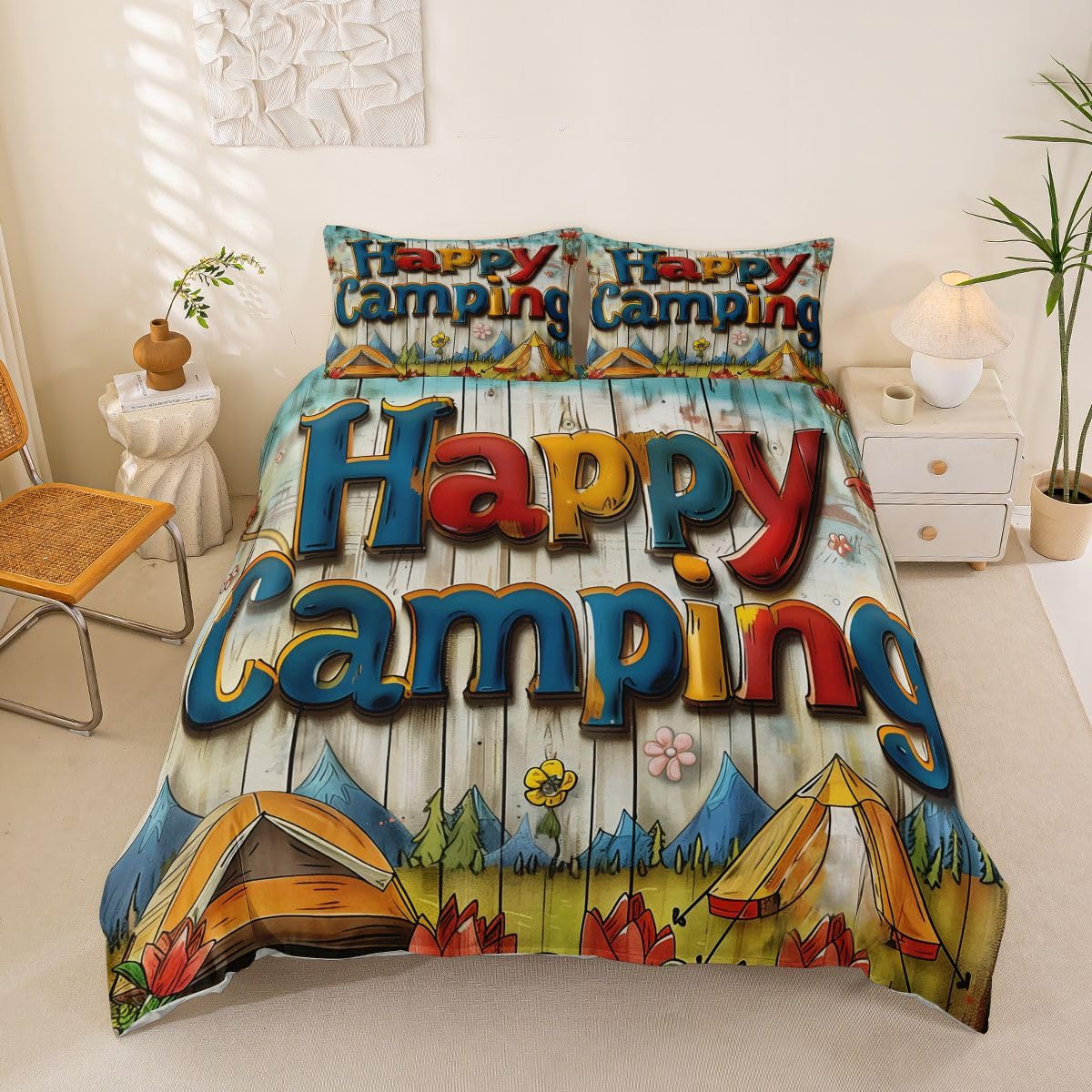 Homemissing Happy Camping Duvet Cover Set Super King Size Camper Tent Bedding Set for Boys Girls Rustic Cabin Country Duvet Cover Bedroom Decor 3Pcs โ image 1
