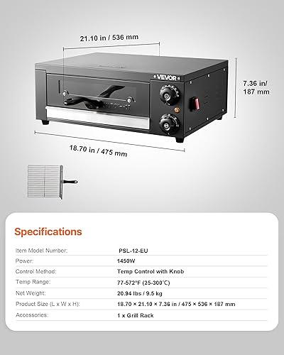 Miniatura 7 de VEVOR Horno de Pizza Eléctrico, Horno de Pizza de 12 Pulgadas para Encimera, Rango de Temperatura de 77 a 572°F, Horno para Pizzas de 1450W