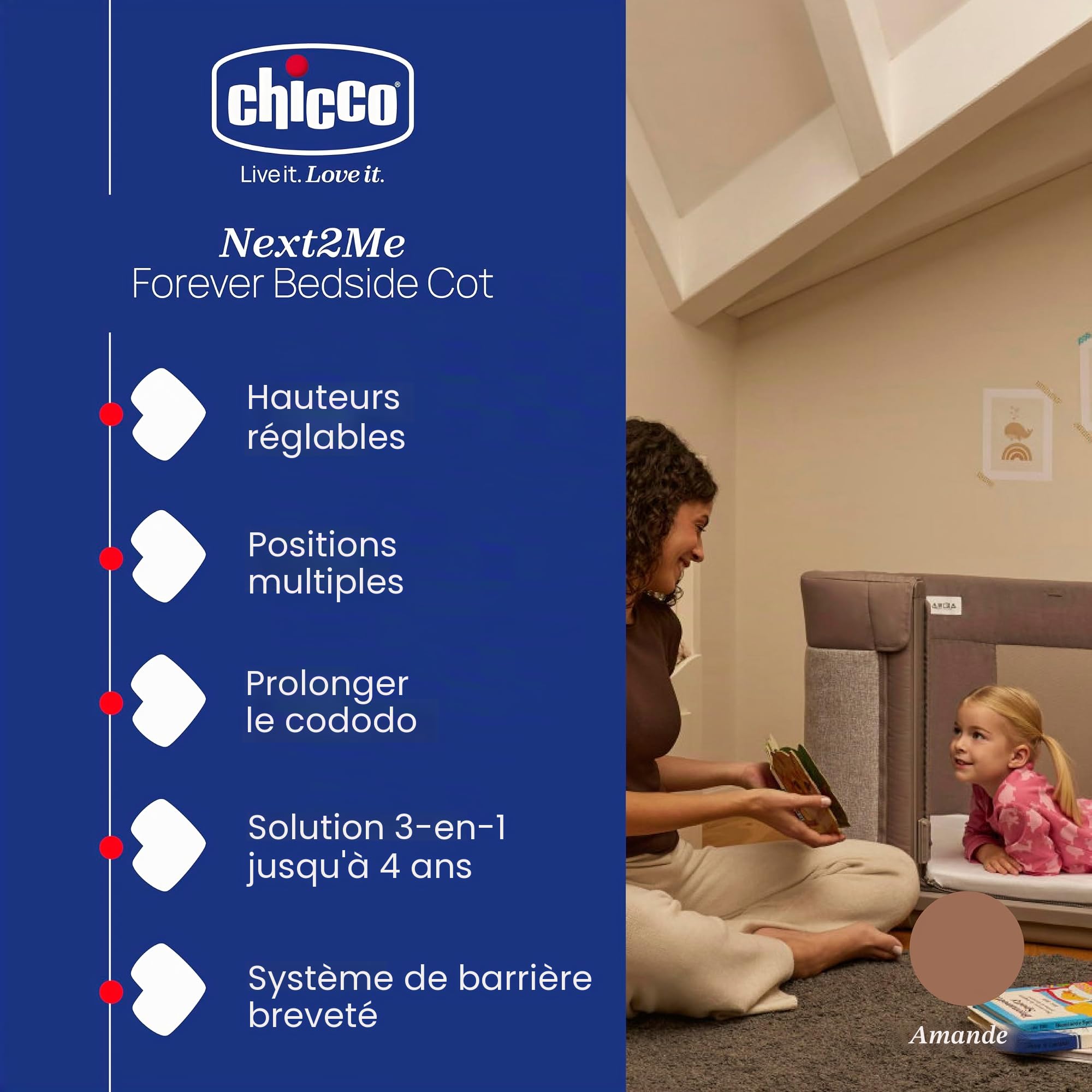 Chicco Next2Me Forever, Lit Bébé 3en1 jusqu'à 4 Ans (22 kg), Berceau avec Hauteur Réglable et Matelas Inclus
