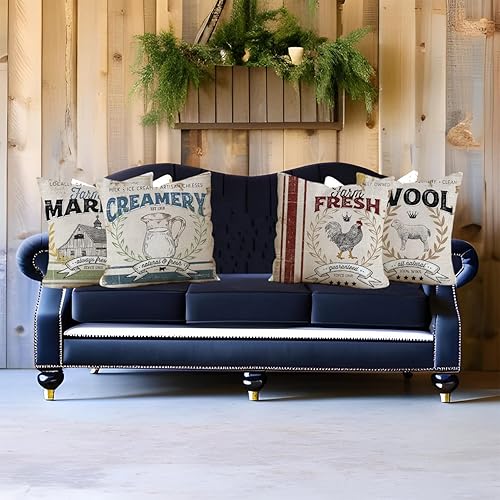 Miniatura 4 de Juego de 4 fundas de almohada vintage de 18 x 18 pulgadas con diseño de animales de granja retro, para camión, gallo, oveja, avícola, granja,