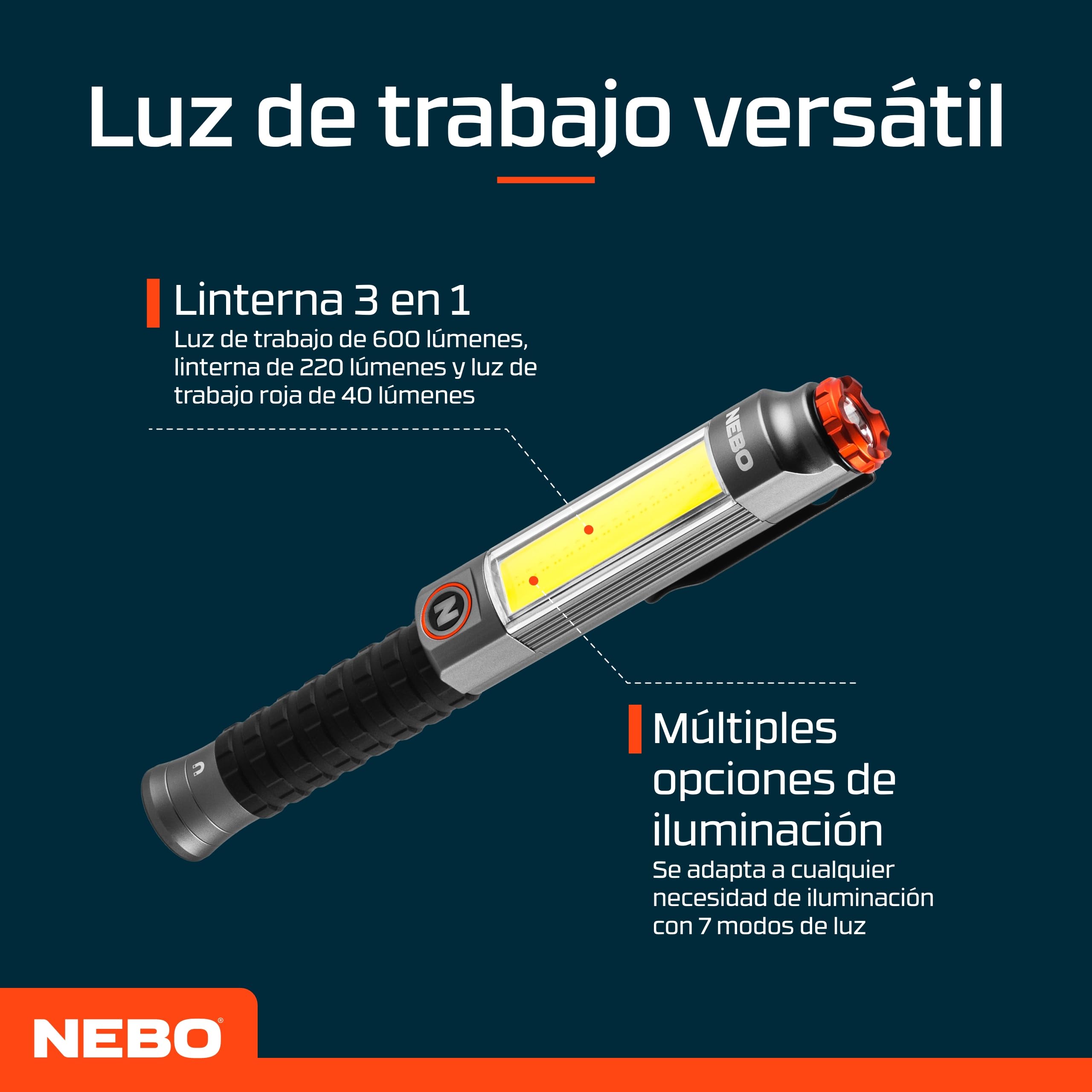 NEBO Big Larry 3 Black Line Luz de Trabajo – 600 Lm COB + 220 Lm Linterna | 7 Modos | Rojo Emergencia | Base Magnética | Clip Acero | Atenuable | Direct-to-Red | IPX4 | 3x AA