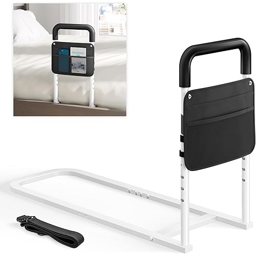 Bed Rails for Elderly Adults Safety - Adjustable Flat-Tube Design Bedrail for seniors with Storage Pocket and Non-Slip Handle for Getting in&out of Bed, hold up to 300LBs - Fits Twin Full Queen King