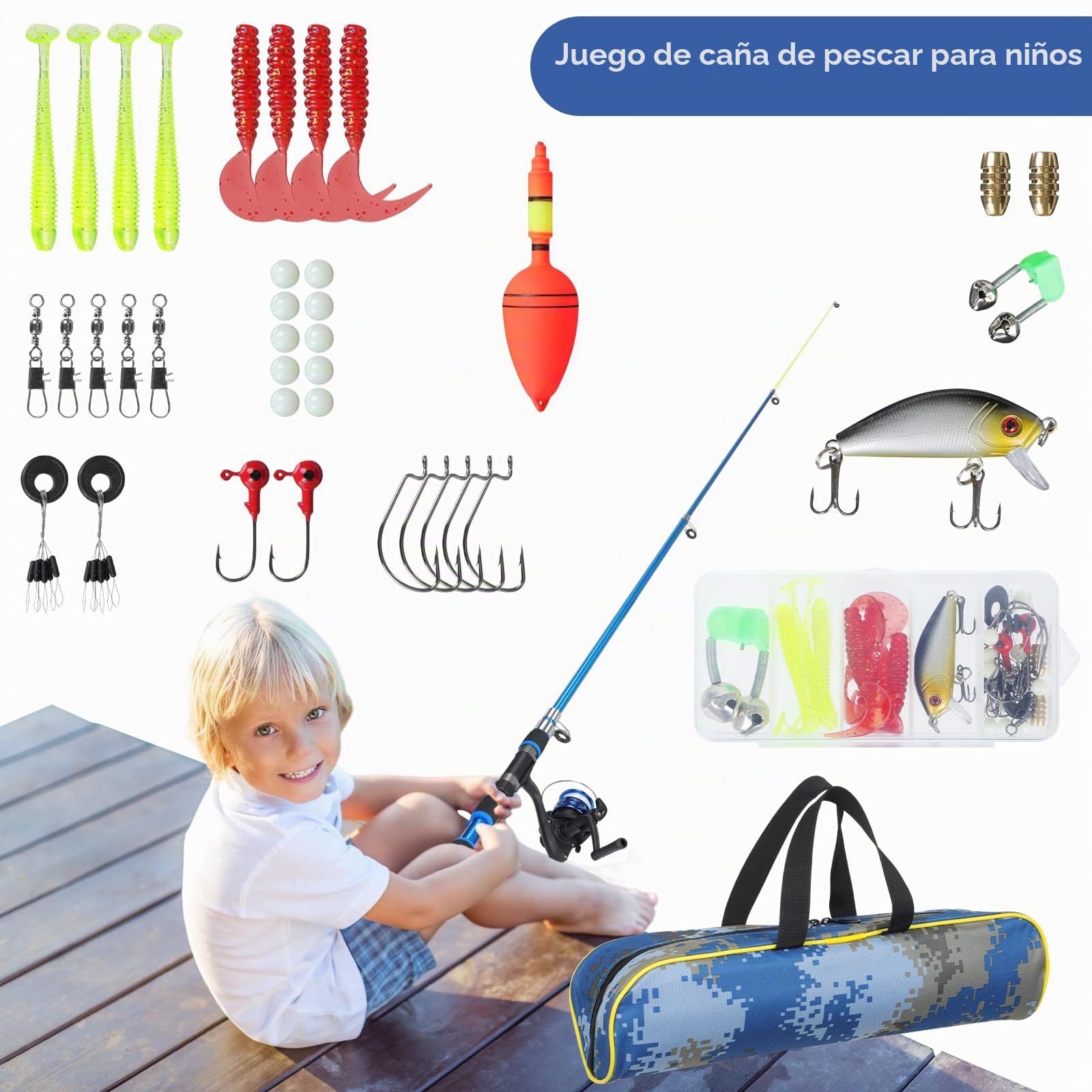 Caña de Pescar para Niños 180cm, Juego de Pesca para Niños con Carrete y Juego de Cebo, Caña de Pescar Telescópica con Kits Completos, Bolsa de Transporte para Niño