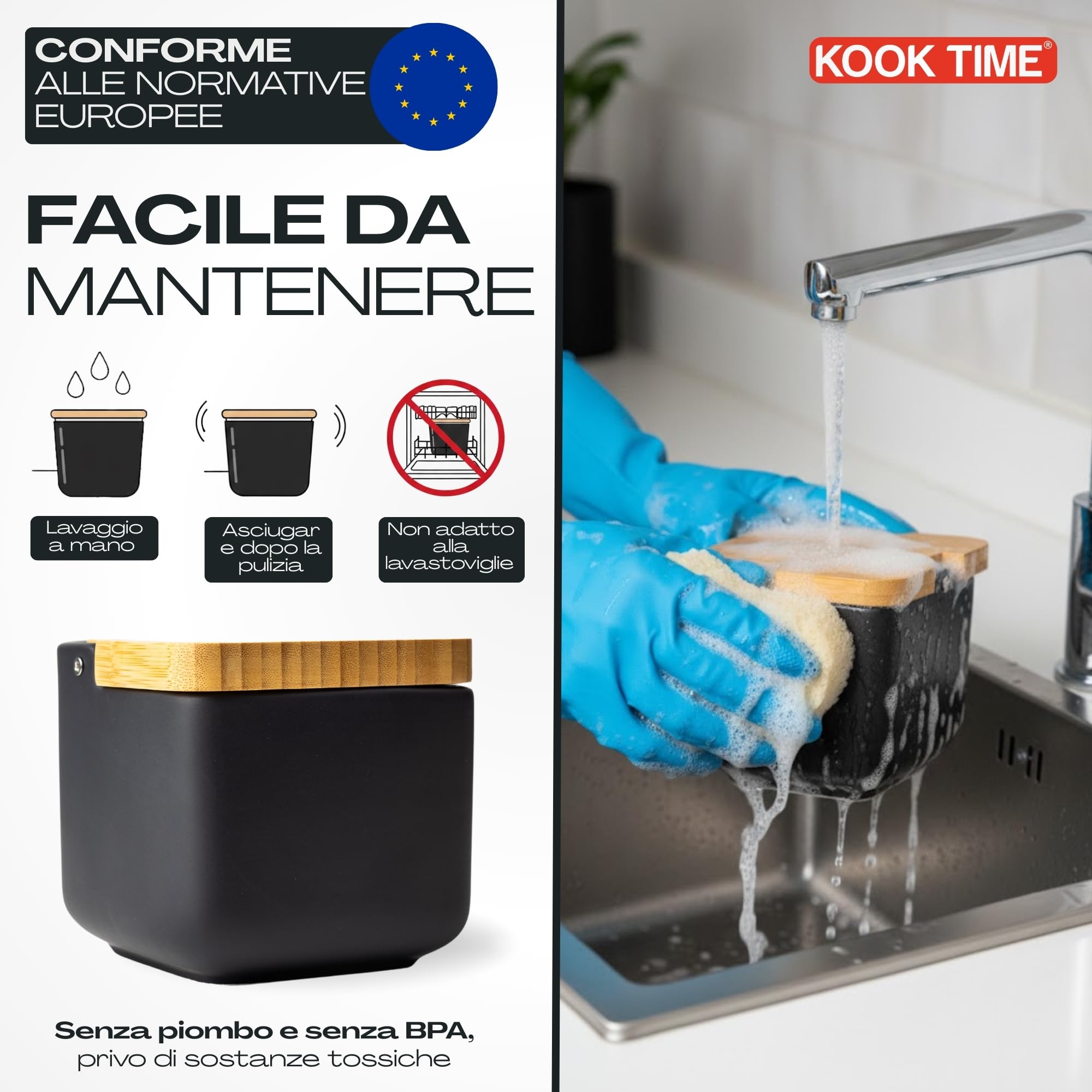Porta sale grosso e fino, Barattoli sale per cucina o tavolo in ceramica con coperchio girevole in bambù ecologico, Barattolo sale grosso e fino, Dimensioni 11,2 x 11,2 x 11,2 cm. Nero