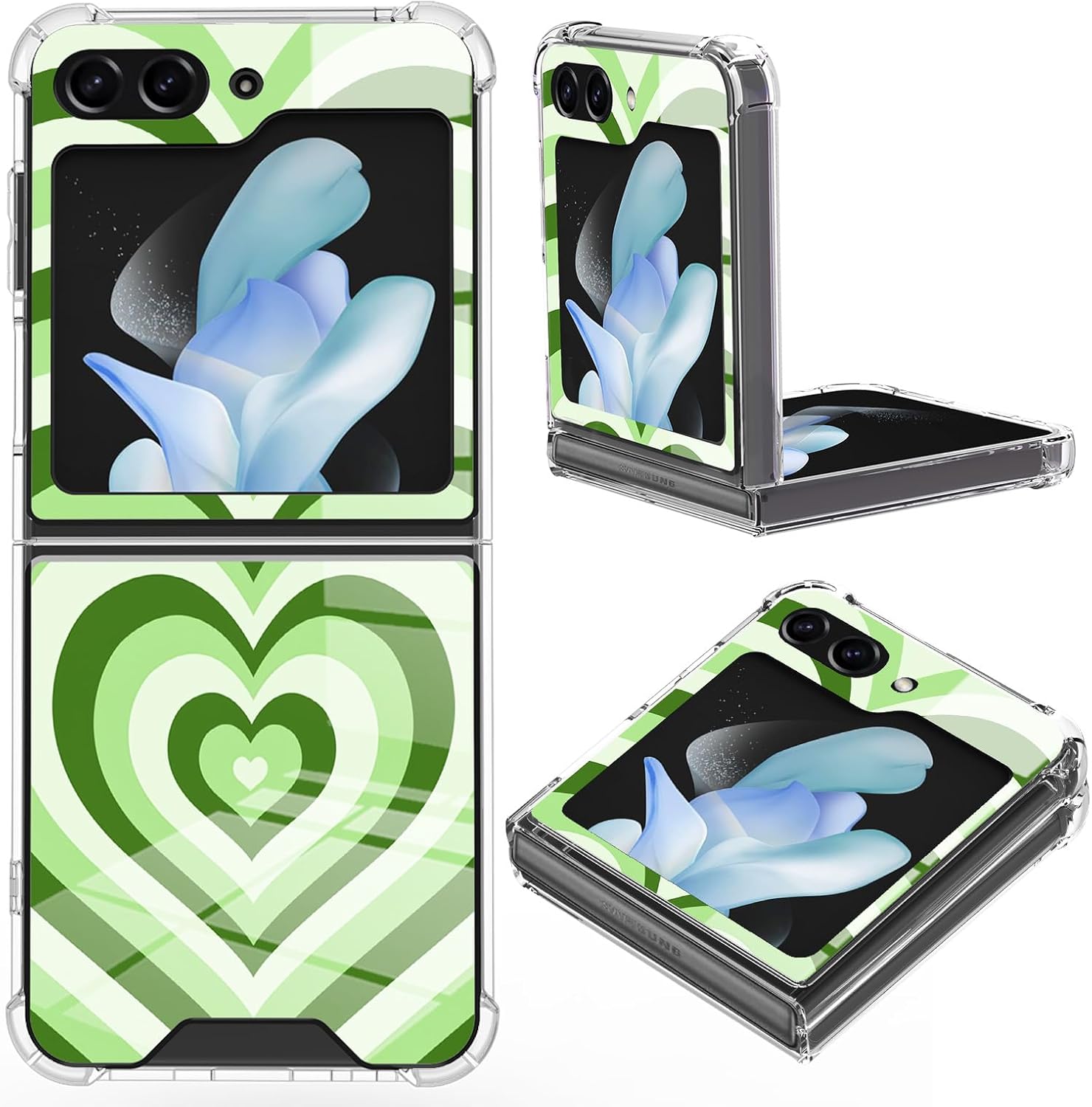 AIGOMARA Compatible with Samsung Galaxy Z Flip 5 Case (2023), Love-Heart Pattern Design Folding Slim Anti-fall Shookproof Protection Hard Back Cover for Galaxy Z Flip 5 (Green) Green Love-Heart Samsung Galaxy Z Flip 5