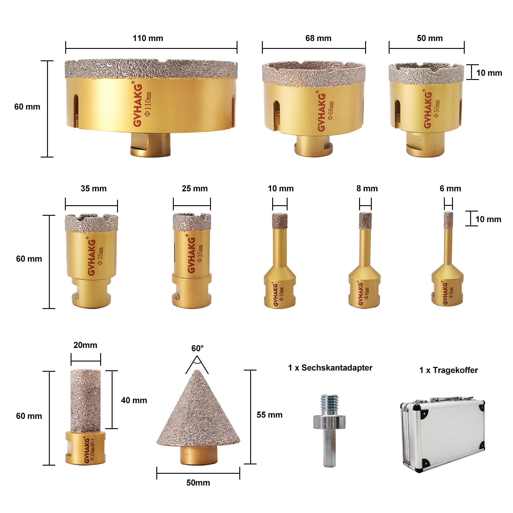 Juego de 11 brocas de diamante para azulejos con broca de diamante M14 (6/8/10/25/35/50/68/110 mm, 1 broca de 20 mm, 1 fresa de biselado de 50 mm) para azulejos, porcelana, cerámica, mármol