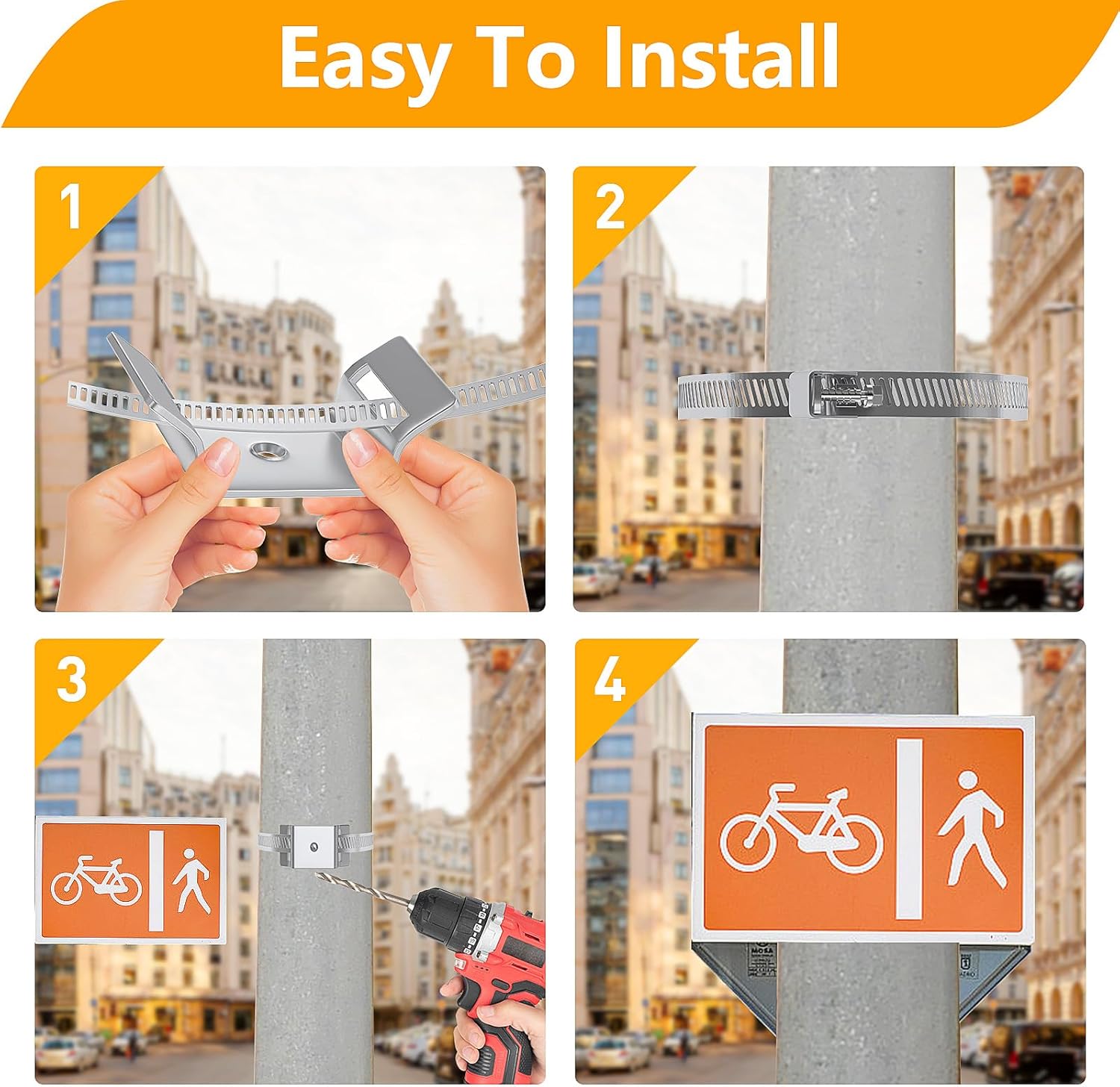 Adjustable Sign Mounting Brackets for Larger Diameter Poles, Sign Mounting Hardware for Light Poles, Street Sign Holder Bracket, Pole Clamps Brackets with Stainless Steel Straps -4 Set