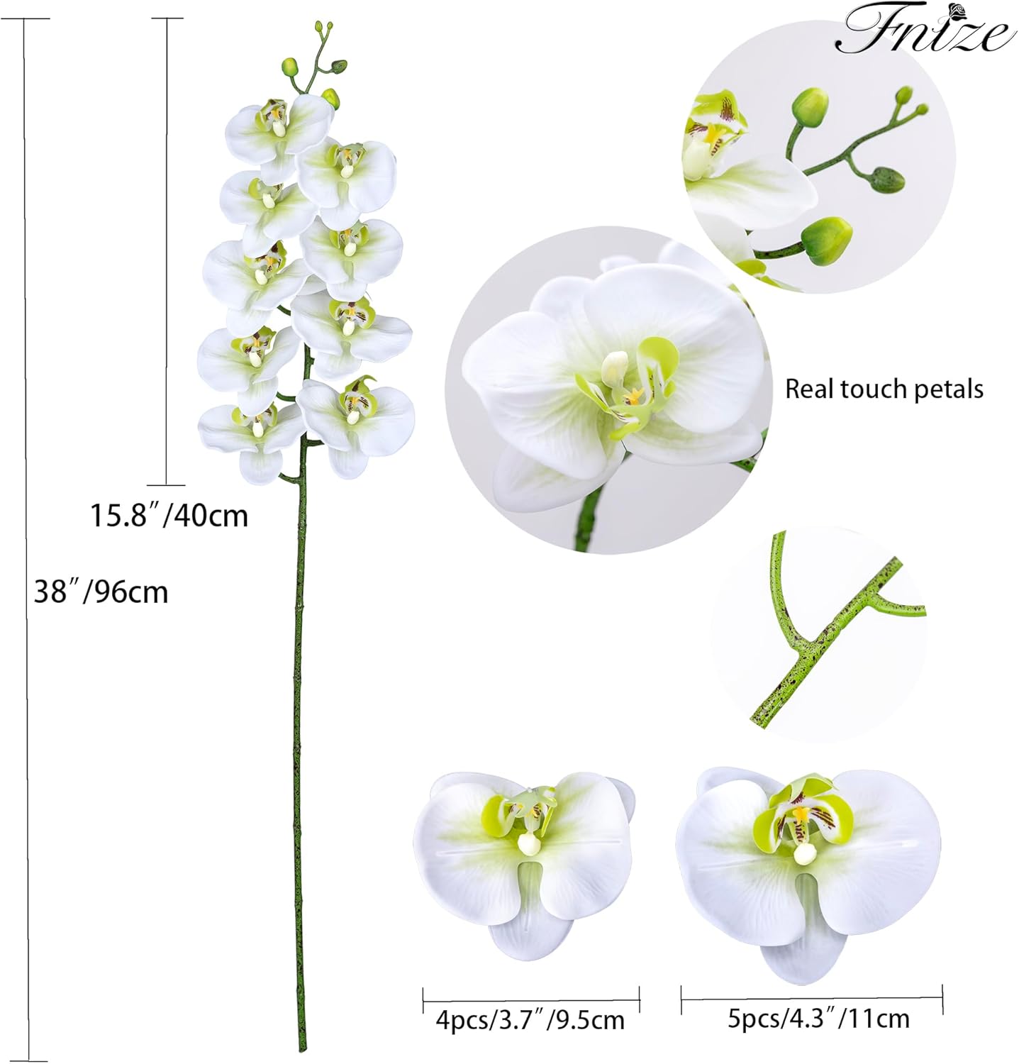 Fnize Faux Orchid Stems Real Touch Artificial Phalaenopsis Flowers Latex Petals 38 Inches 2pcs (Green White) - Image 2