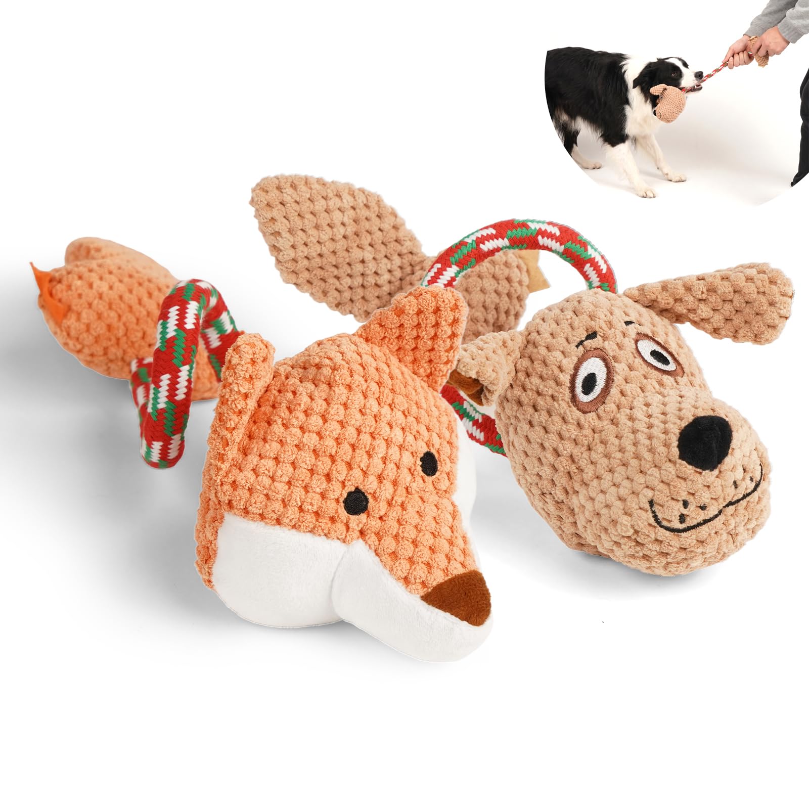 Quietschendes Hundespielzeug aus Seil, interaktives Hunde- und Fuchs-Design, Plüschspielzeug zum Ziehen des Krieges mit doppeltem Quietscher, langlebige Baumwoll-Kauspielzeug für kleine