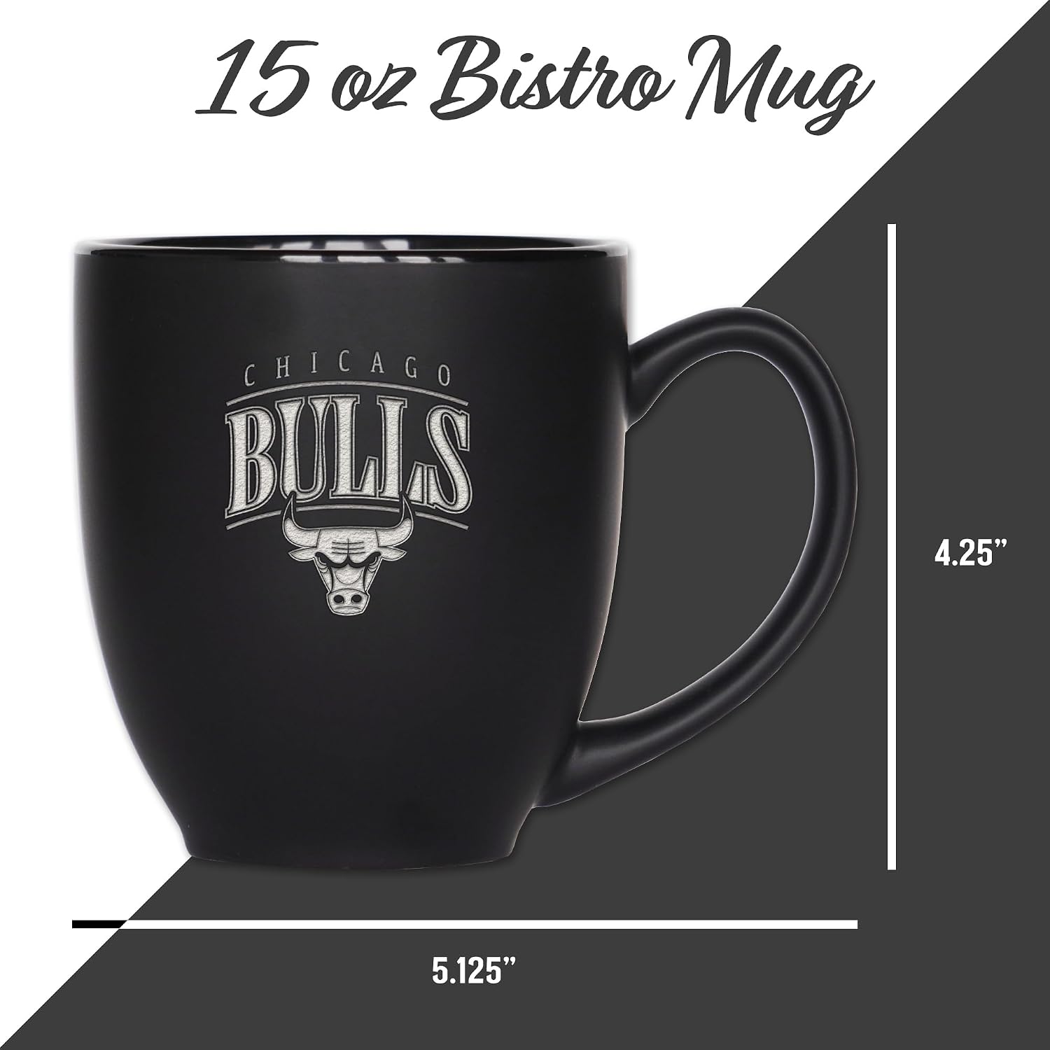 Rico Industries NBA Basketball Chicago Bulls Alternate 1 15oz Laser Engraved Matte Black Ceramic Bistro Mug - for Hot or Cold Drinks