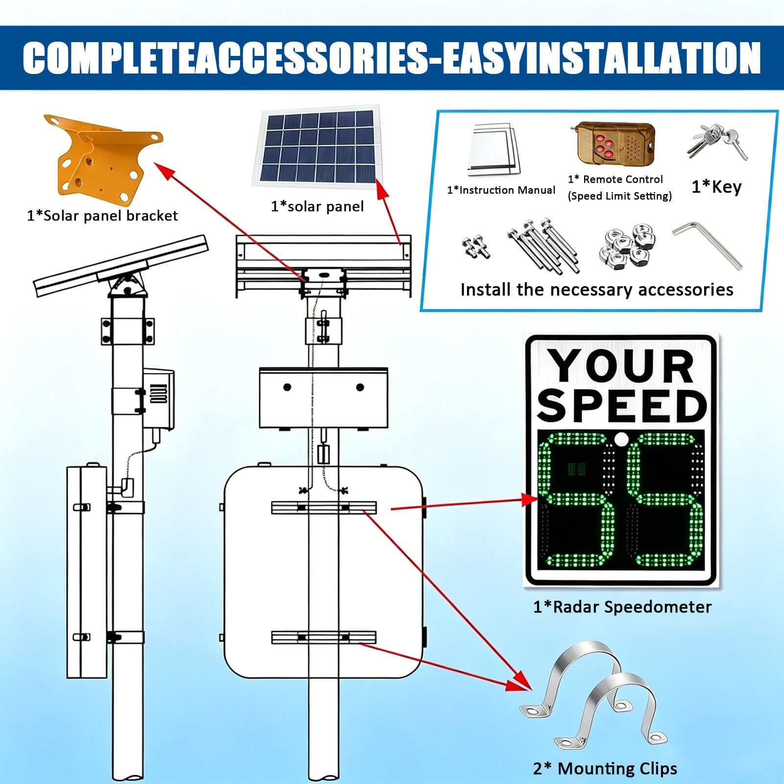 Cartel de Velocidad Radar Solar, 23.6"x35.4" Señal Digital de Límite de Velocidad, IP65 Resistente al Agua, Carcasa de Aluminio, Límite Ajustable, 2 Dígitos LED, para Control de Tráfico