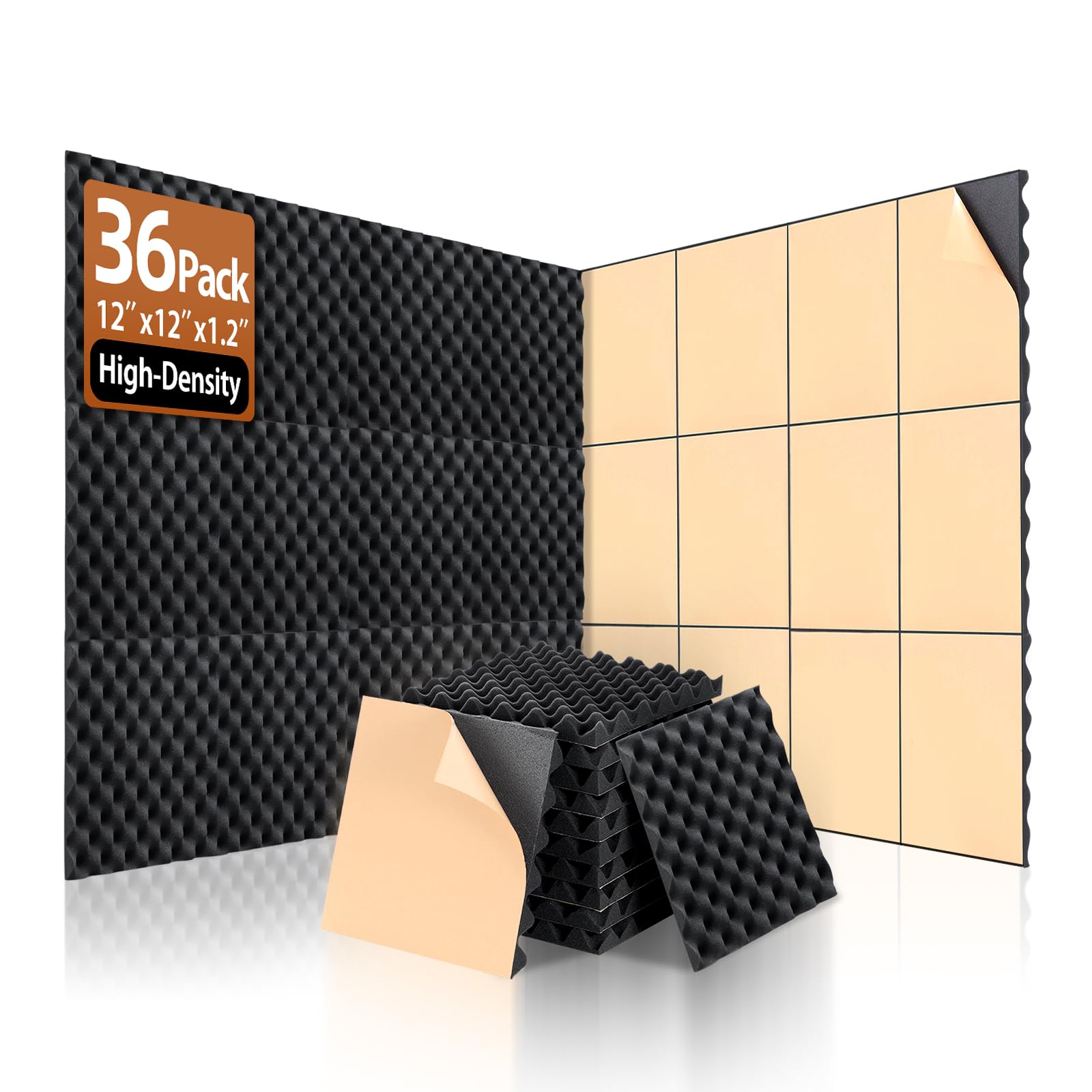 SD SODOCT 36 Pack Self-Adhesive Egg Crate Acoustic Foam 12" x 12" x 1.2"