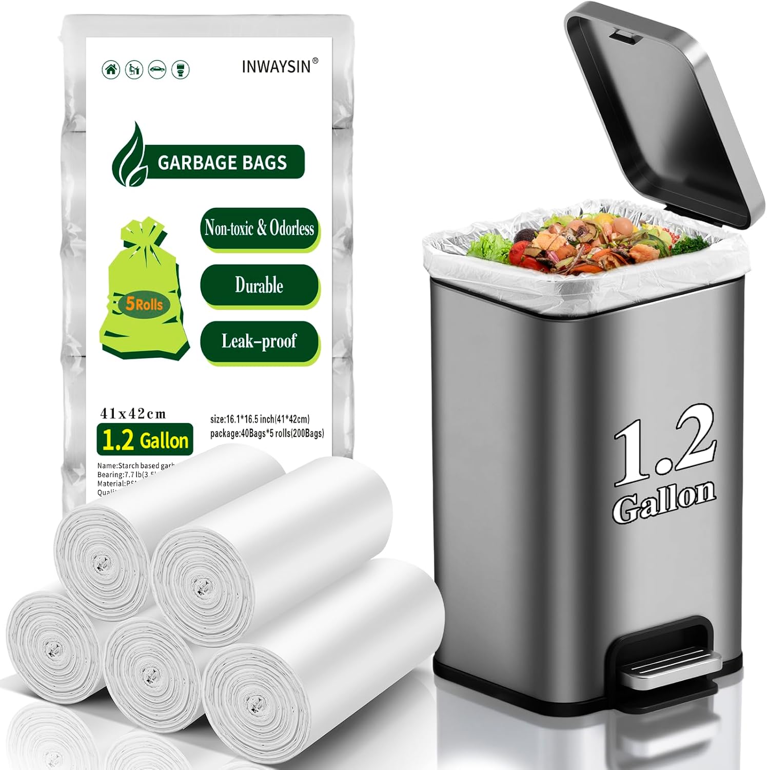 Small Compostable Trash Bags – 1.2 Gallon Biodegradable Mini Garbage Bag Unscented & Easy Tearing Bulk Car Waste Basket Liners Strong Thick 200 Count for Kitchen Bathroom Inwaysin