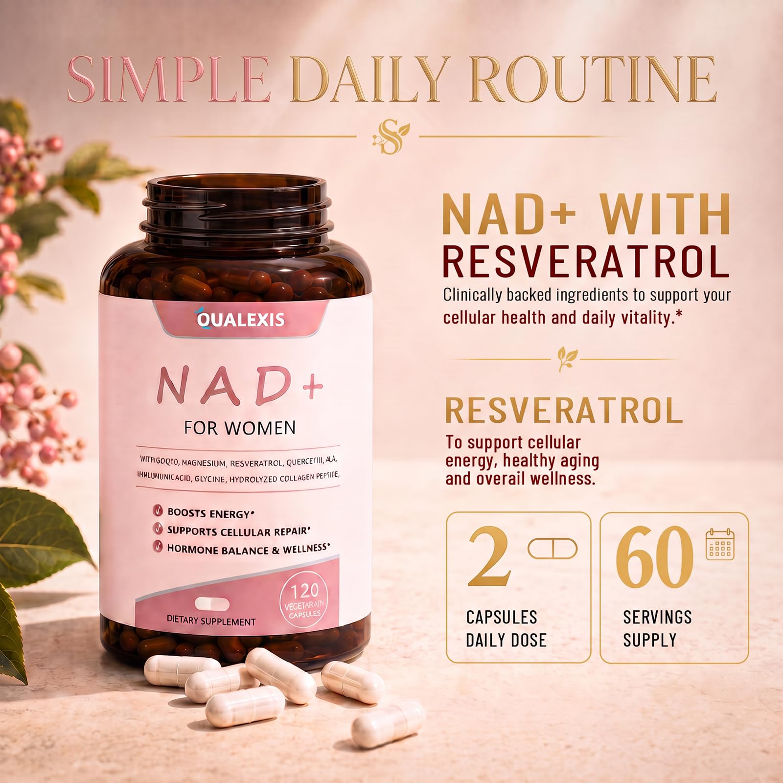 NAD+ Supplement for Women — Energy, Sleep & Skin Support with Resveratrol, CoQ10, Ashwagandha & L-Theanine — NMN Alternative, 120 Capsules — Amazon image 8