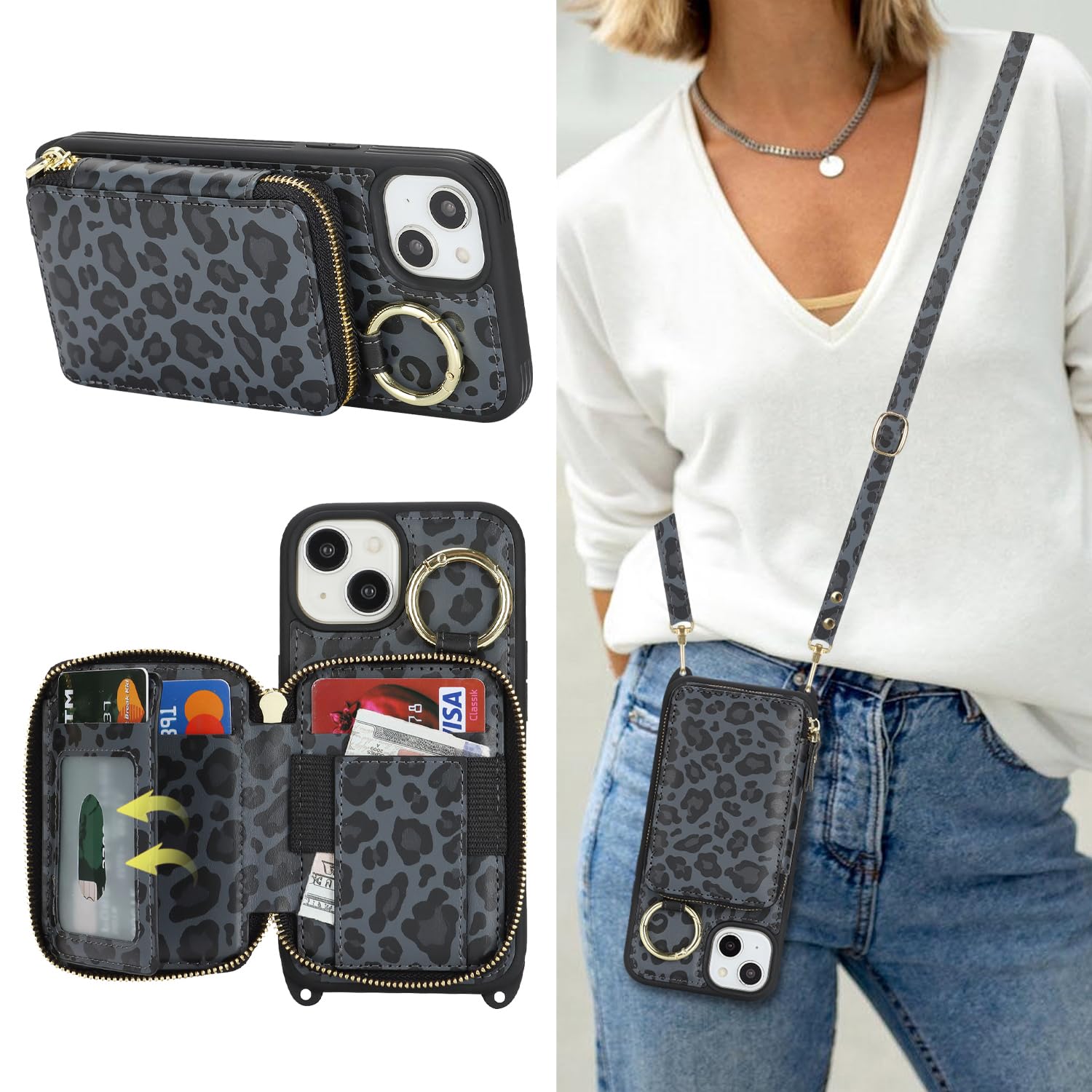 Crossbody Wallet Case for iPhone 13-Black Leopard