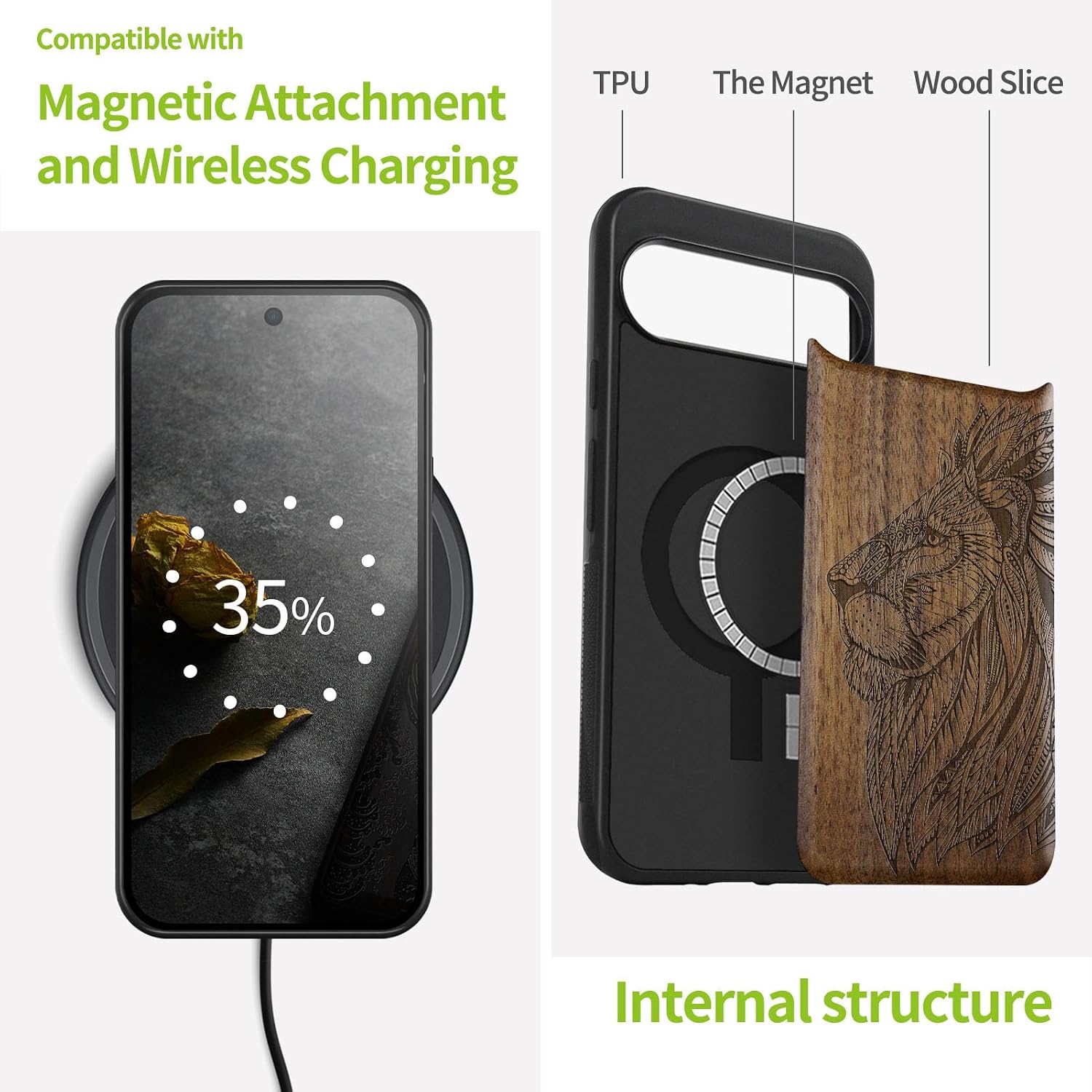 Carveit Magnetic Wooden Case for Pixel 9 Pro Google 9 Pro Case, Wood Artisan Engraved & Soft TPU Shockproof Cover, Compatible with MagSafe Wireless Chargers (Ornate Lion's Head) Walnut