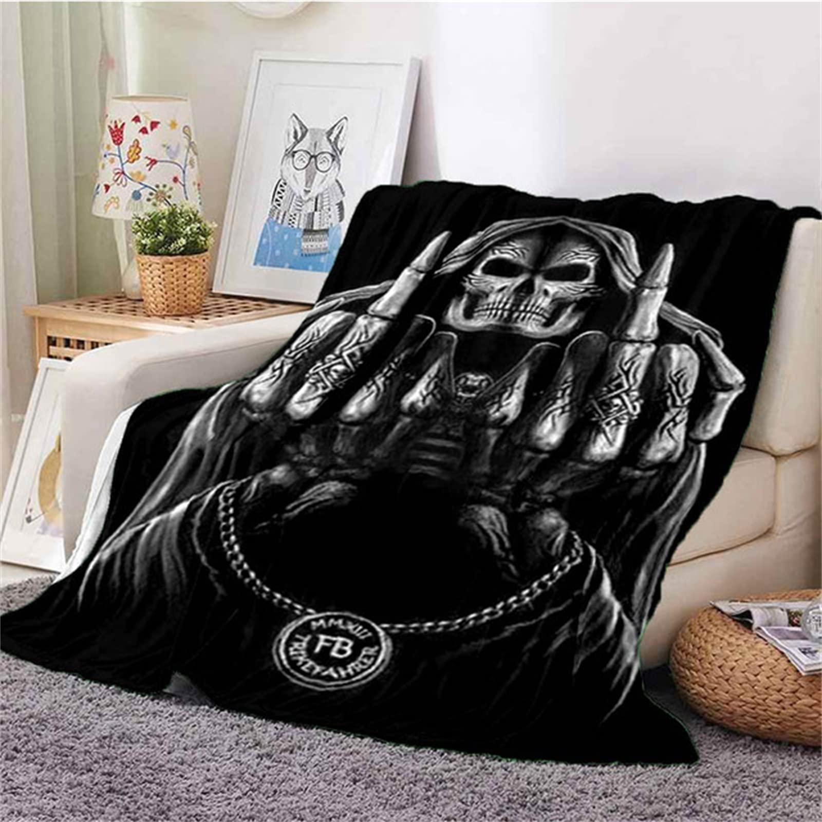 Gothic Totenkopf Personalisierte Flanell Kuscheldecke Schwarz Sensenmann Totenkopf Weiche & Warme Fleecedecke/Wohndecke/Couchdecke - Soft Plüsch Blanket für Kinder/Haustier 200x150 cm