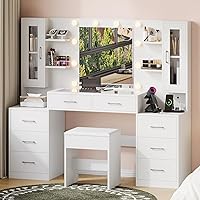 Vista 9 de Escritorio de tocador de 59 pulgadas de ancho con espejo y luces, tocador de maquillaje grande con toma de corriente, 8 cajones y 2 gabinetes, 4