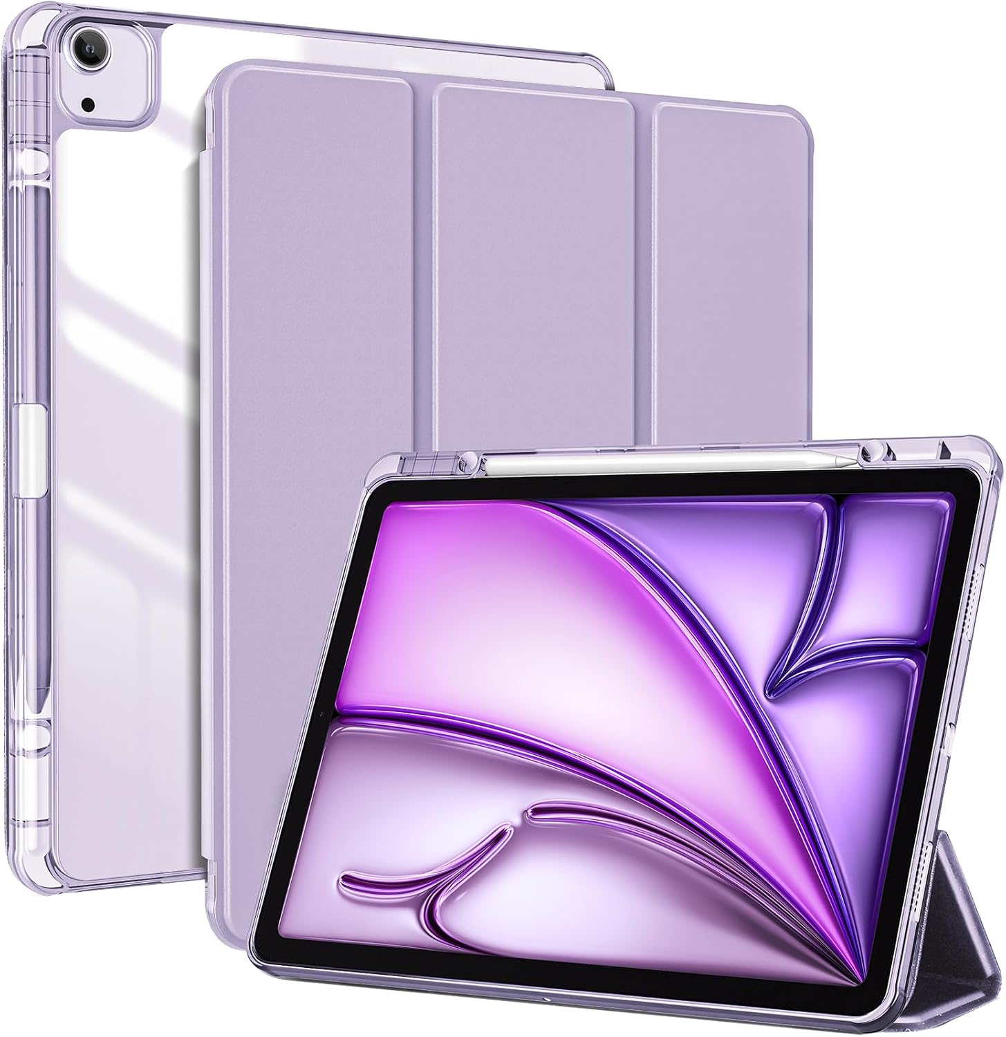 for iPad Air 13 Inch Case M4/M3/M2(2026/2025/2024) with Pencil Holder, Hybrid Smart Cover iPad 13 Air M4 M3 M2 Case with Clear Transparent Back, Supports Touch ID, Auto Wake/Sleep -Purple