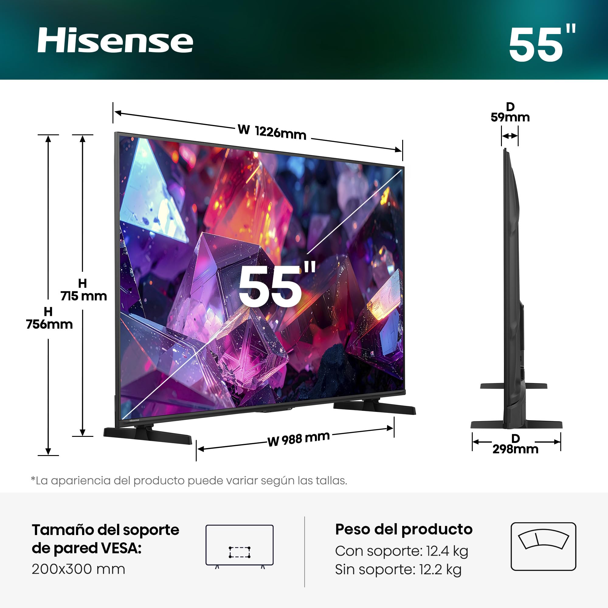 Hisense 55E7S Pro - Hi-QLED Smart TV 55 Pulgadas, Modo Juego 144 Hz Nativos, Hi-QLED Color, Dolby Vison.Atmos, Imágenes IA, Smooth Motion IA, AMD FreeSync Premium Pro, HDR10+Gaming