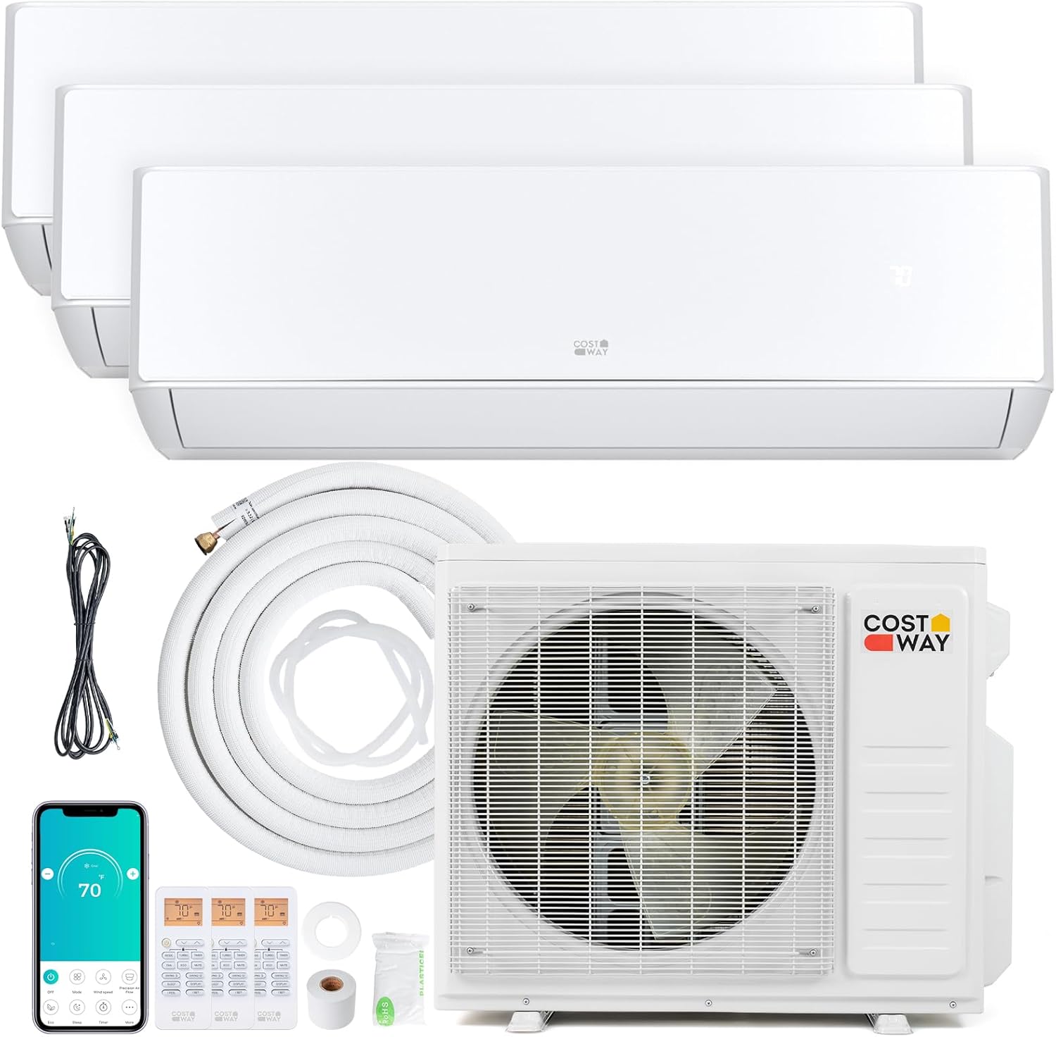 COSTWAY 27k Tri 3 Zone Mini Split Air Conditioner, 24 SEER2 208/230V Inverter AC w/Heat Pump & Pre-Charged Condenser,WiFi Enabled Ductless AC, Line Set Included (Tri(3) Zone 9k+9k+18k BTU)