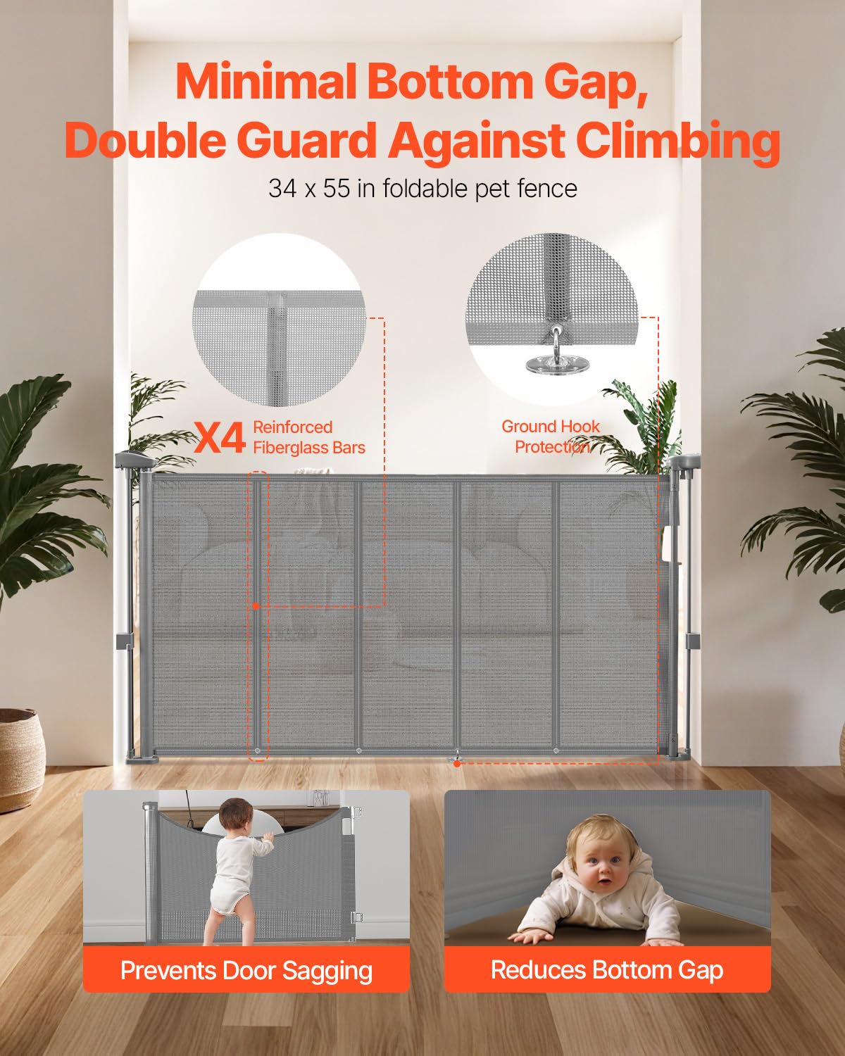 VEVOR Cancelletto di Sicurezza a Rete Retrattile Altezza 87 cm Estensibile max. 140 cm di Larghezza per Uso Domestico, Cancelletto a Casa Cancelletto a Rete per Scale Interne, Porte, Corridoi, Grigio