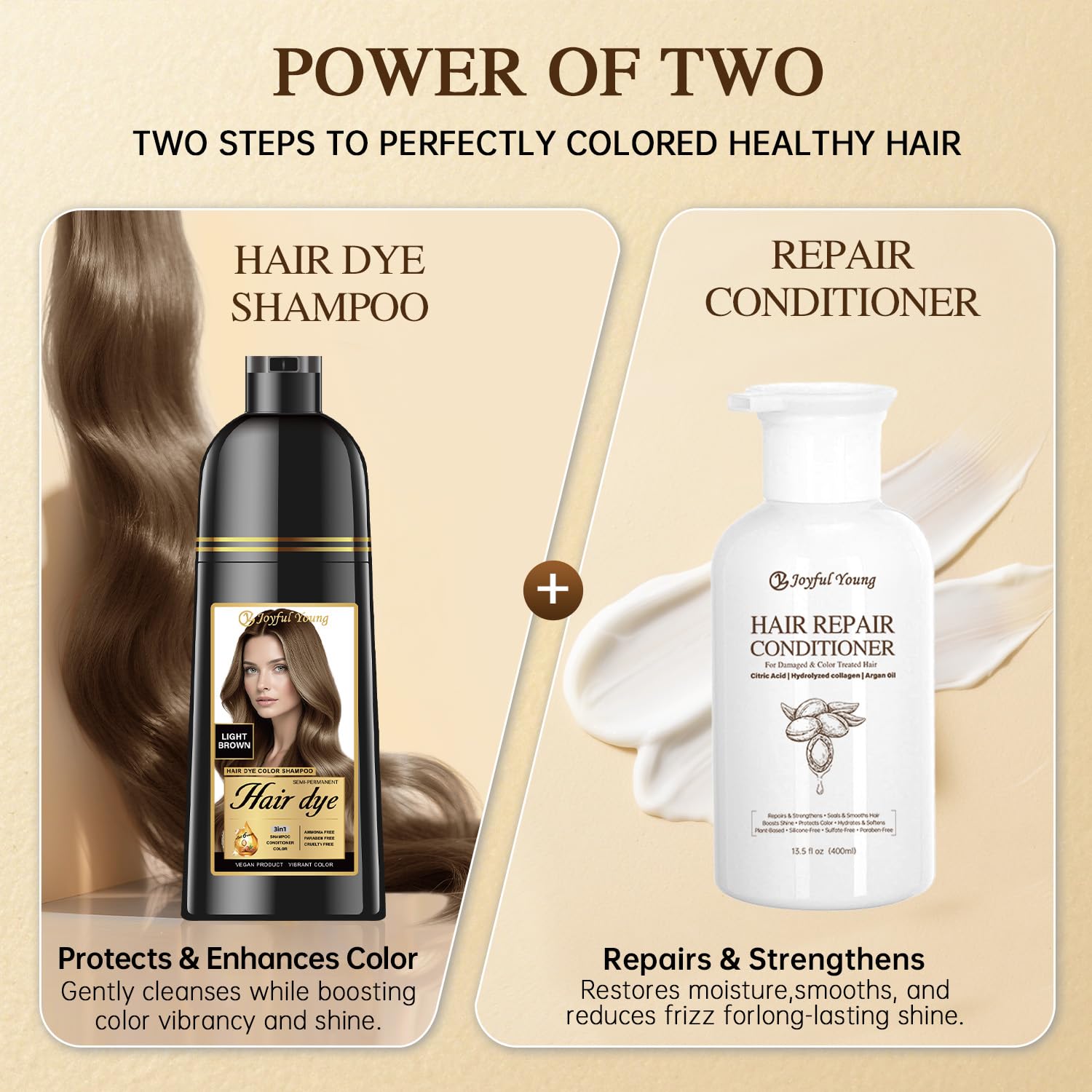 Joyful Young Hair Dye Shampoo 3-in-1, Light Brown Semi-Permanent Gray Hair Coverage, Color Depositing Shampoo for Women & Men, Vegan, Ammonia-Free