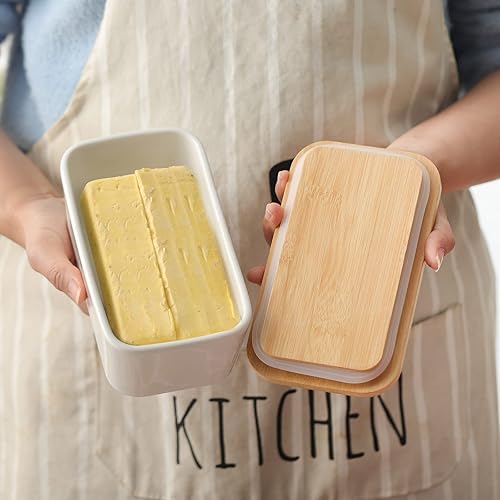 Miniatura 4 de Hasense Mantequillera con tapa de bambú y cuchillo, contenedor grande de 22.0 onzas para mantequilla para encimera, soporte hermético con cubierta