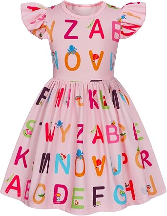 WonderBabe Toddler Kids Back to School Dress First Day of School Outfits for Girls Summer Casual Flutter Sleeve Ruffle Printed Dresses Size 6-7