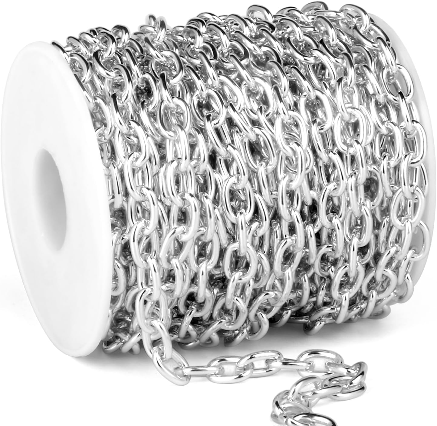 33 Feet Silver Rolo Cable Chains Roll, 7.5 MM Silver Plated Aluminium Oval Cable O Links Chain Bulk Spool for Jewelry Making DIY Craft