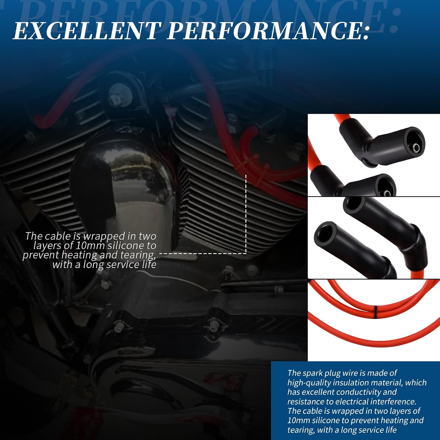 2Pcs 10mm Red Spark Plug Wires Compatible with Harley H-D FLT FLHT FLHR FLTR 2009 2010 2011 2012 2013 2014 2015