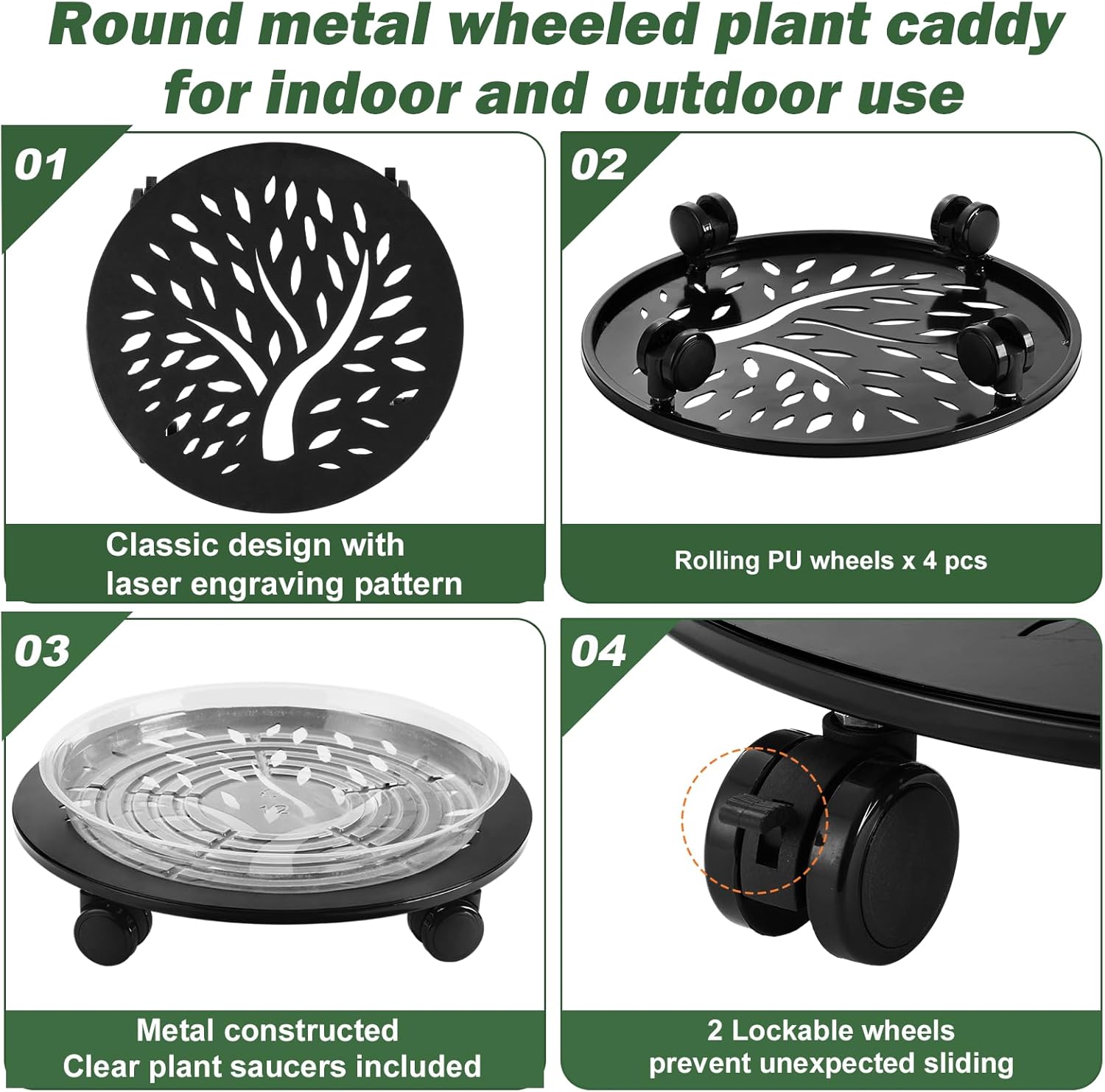 3 Packs Metal Plant Caddy with Wheels 13" Large Rolling Plant Stands Wheeled Plant Dolly Heavy-Duty Flower Pot Roller Base Movers, Black