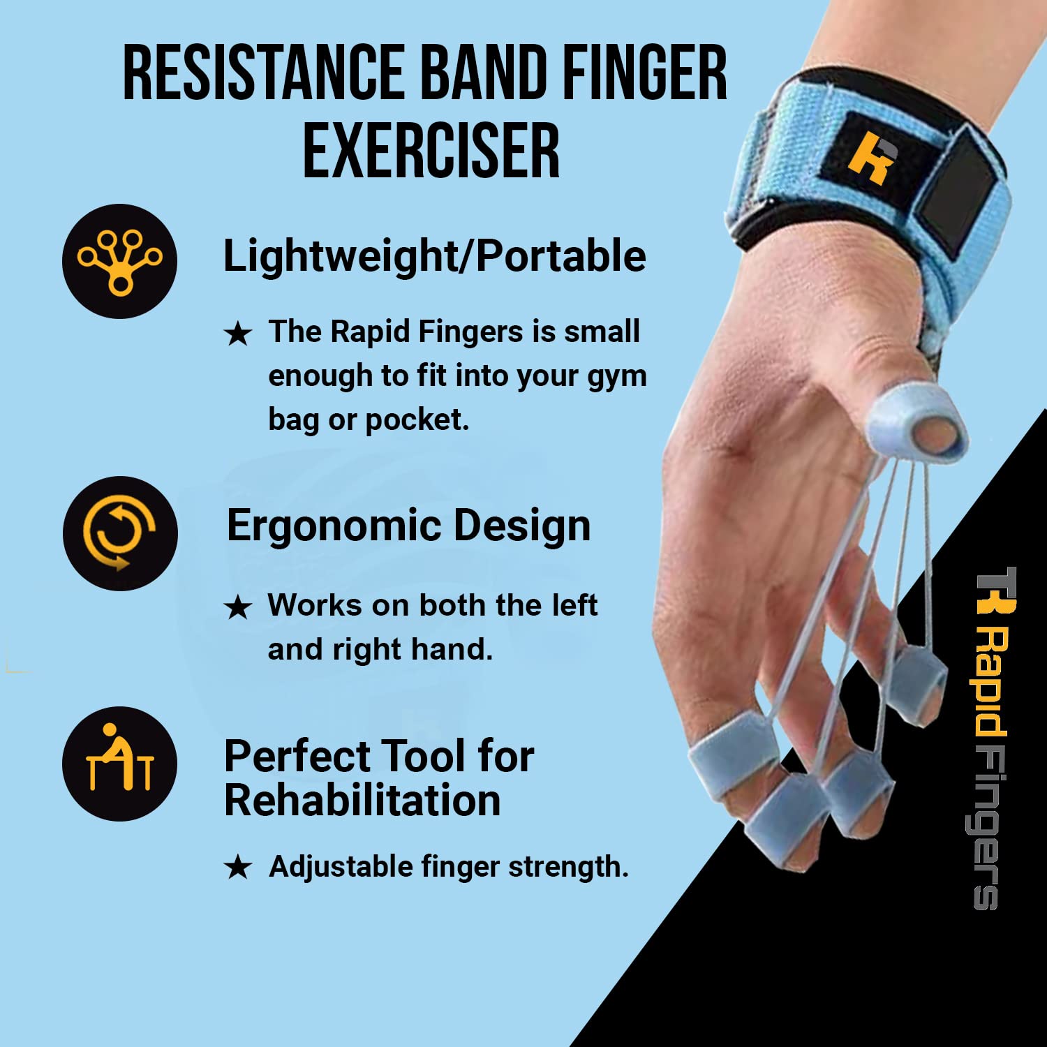 Hand Finger Strengthener by Rapid Fingers - Hand Extensor Exercise Equipment, 40lb Resistance Band Finger Strengthener – for Climbing, Guitar, Gaming. One-Size Fits all.