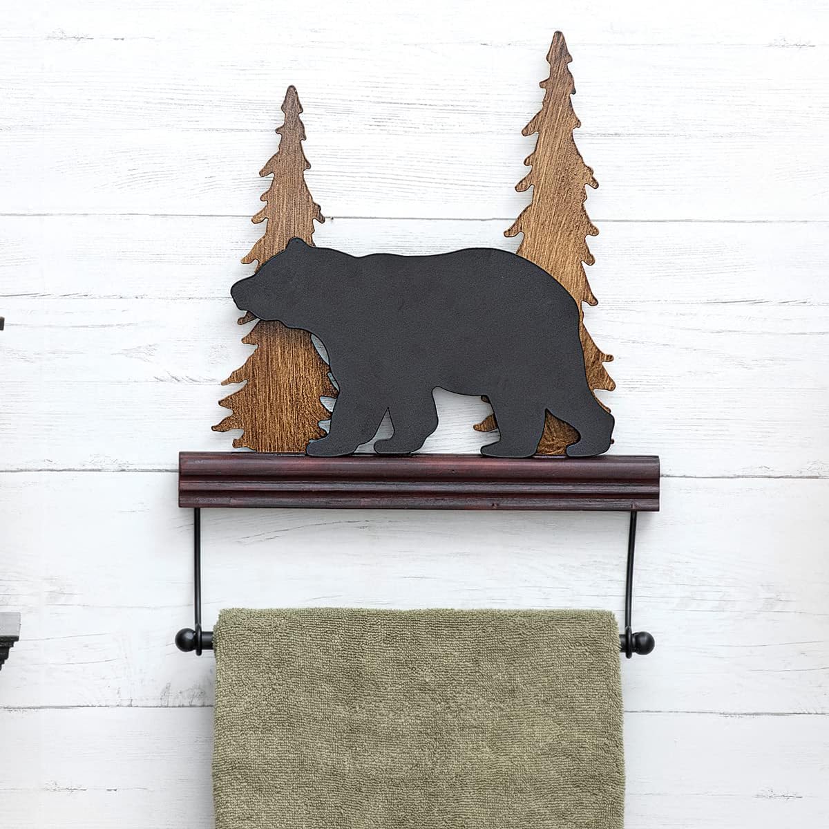 BLACK FOREST DECOR Pine Grove Bear Towel Bar, Wood, Bathroom Hardware, 13 1/2" W x 2 1/2" D x 17 1/4" H