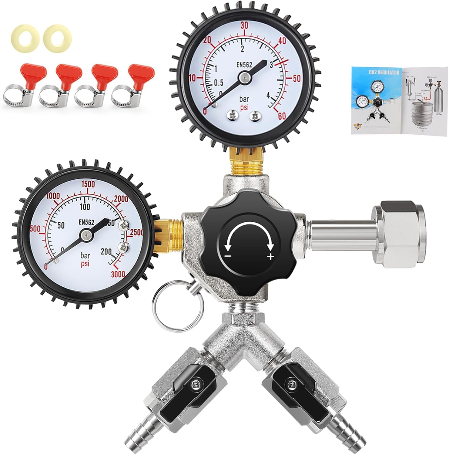 MRbrew Régulateur de CO2 à double sortie pour Kegerator Régulateur de bière à double sortie CGA-320 avec pression de fonctionnement de 0 à 60 PSI et pression du réservoir de 0 à 3000 psi, équipement