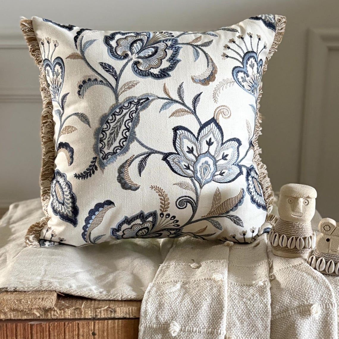 The HomeCentric Pillow Case Custom Blue Pack of 2 24x24 inch (60x60 cm) Pillow Cases Linen Floral Jute Lace Throw Pillows Cover for Sofa Nature Contemporary Halloween Decorations - Morning Glories