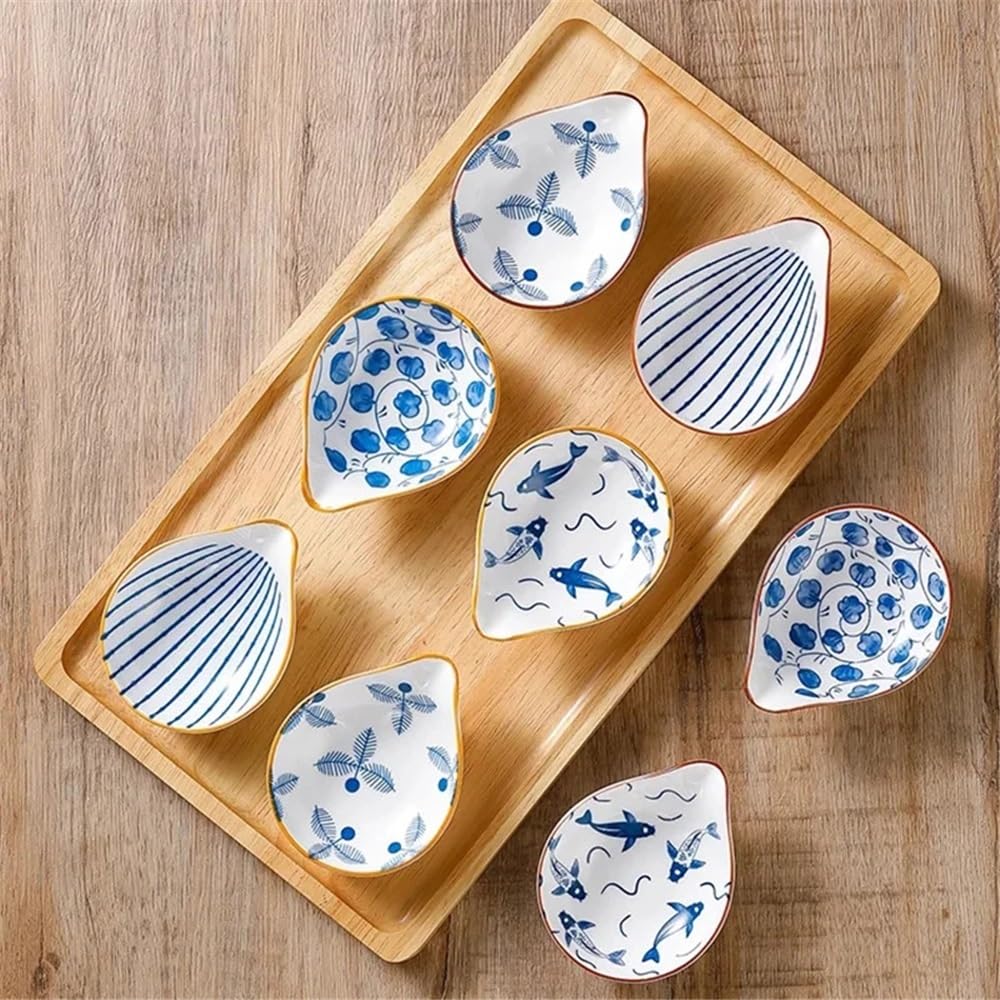 pojemnik na przekąski 4 ceramiczne talerzyki na sos, niebiesko-biała porcelana, przyprawa do sosu sojowego, ceramika, sos do sushi(Brown Stroke)