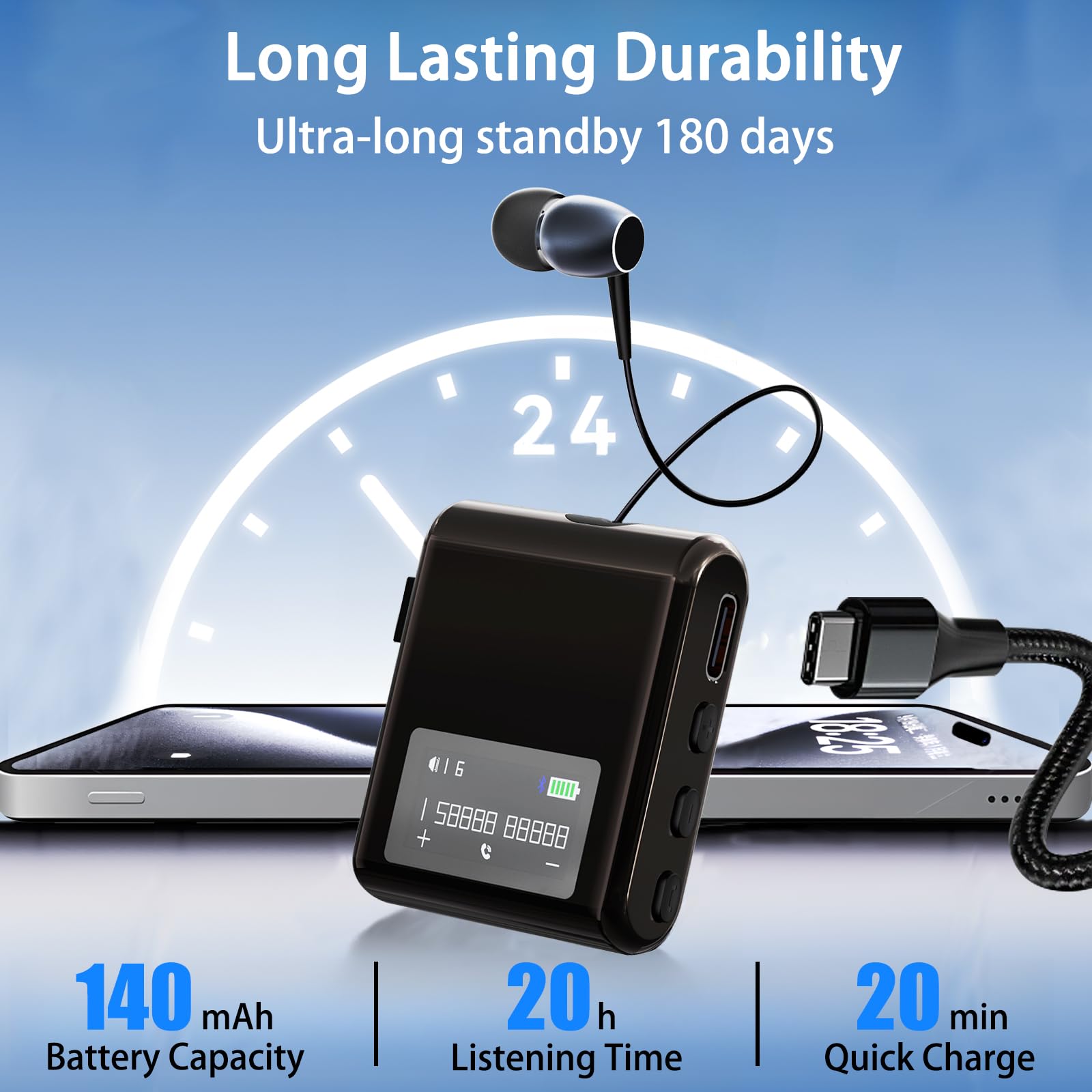 Auricolare Bluetooth Business con Filo Retrattile, Auricolar Senza Fili con Microfono, Cuffia Wireless Lavalier con Display LCD, Bluetooth 5.4, Ricarica Rapida (Nero)