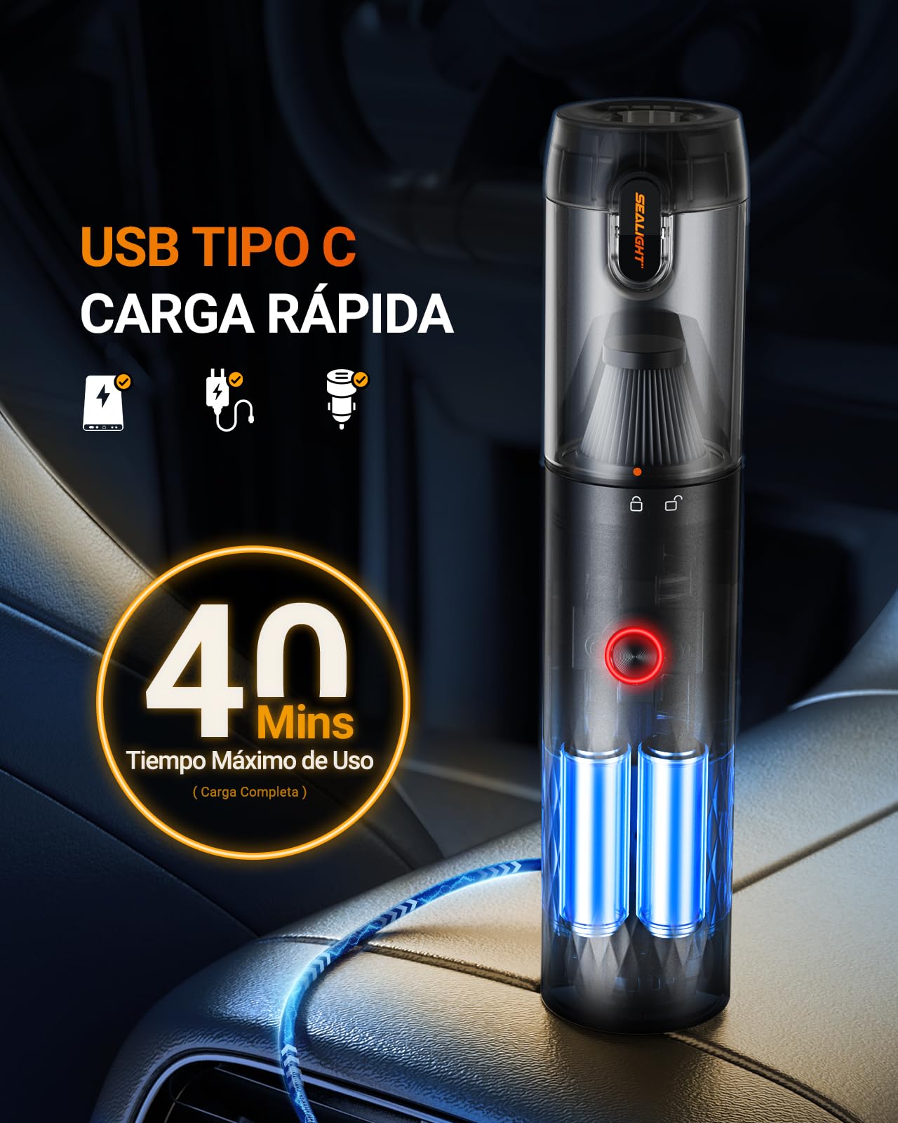 SEALIGHT Aspirador de Mano, 29000Pa Mini Aspirador Recargable con 40 Minutos Duración Batería, 4 en 1 Aspiradoras de Mano con Motor sin Escobillas, 2 Niveles Aspirador sin Cable para Coche