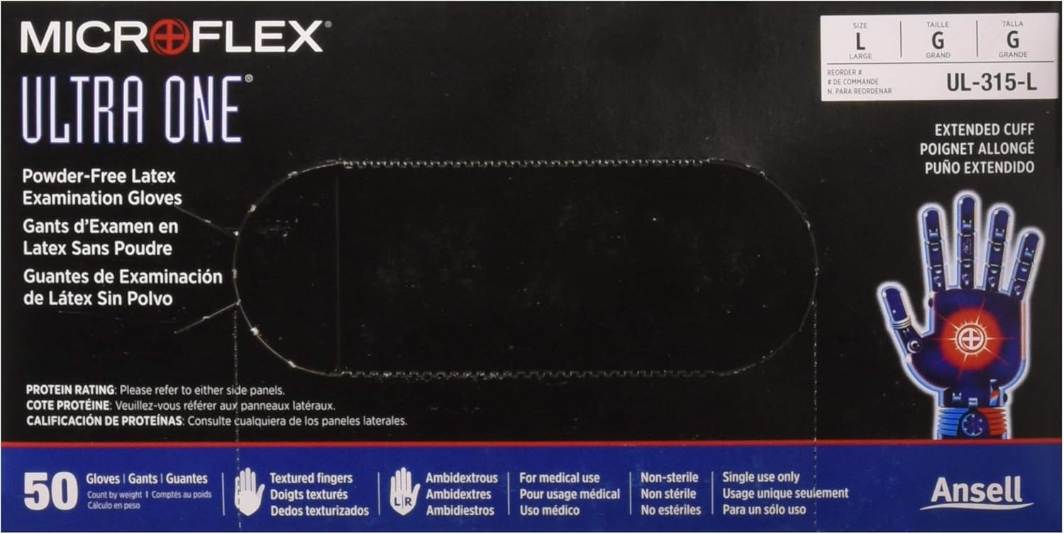 Microflex Ultra One Powder Free, Latex Extended Cuff Examination Gloves - Large, UL315L