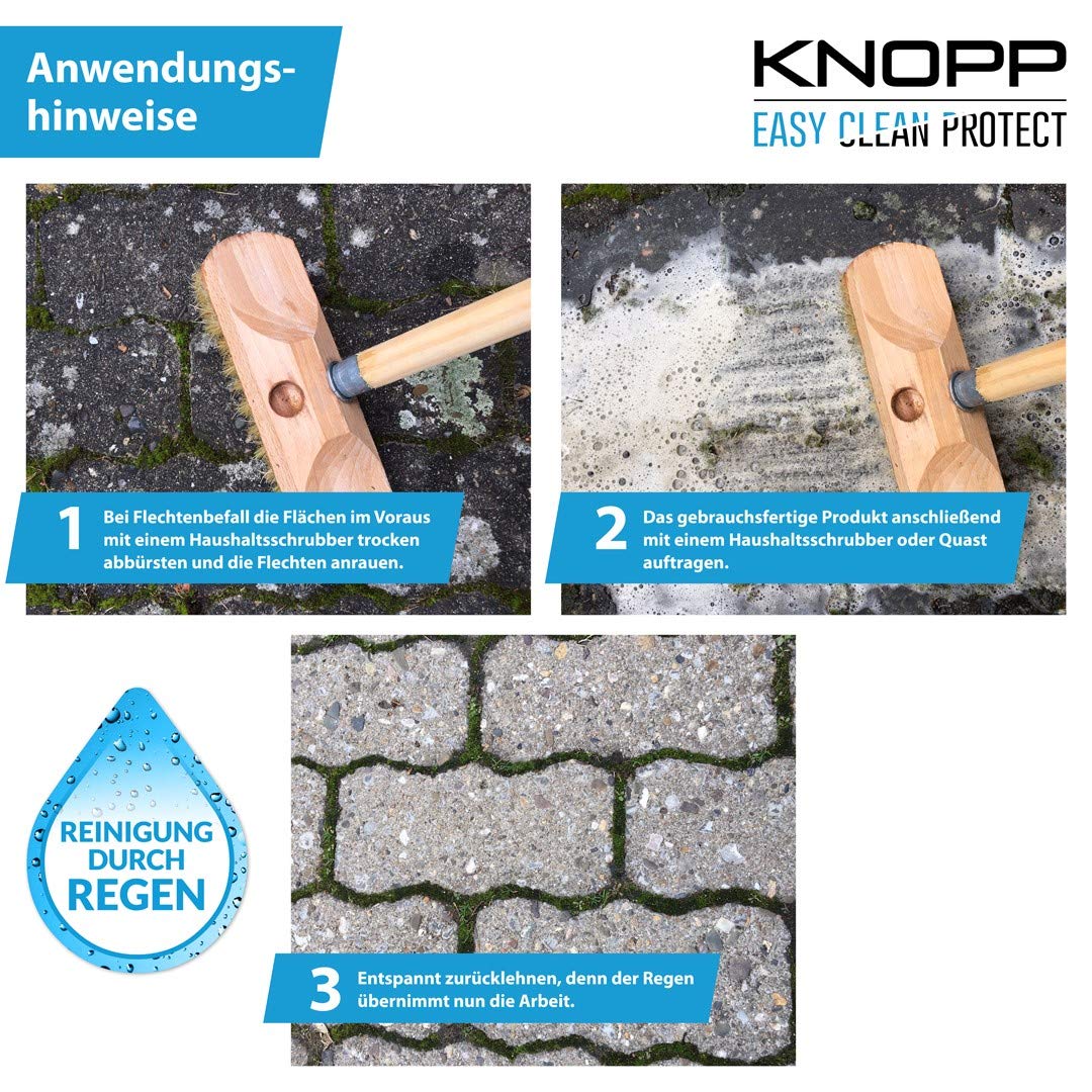 KNOPP Flechtenentferner, Flechtenex, Terrassenreiniger, Pflastersteinreiniger, Waschbetonplattenreiniger, Grünbelagentferner, Algenentferner, Algenvernichter, Steinreiniger; gebrauchsfertig, 1l